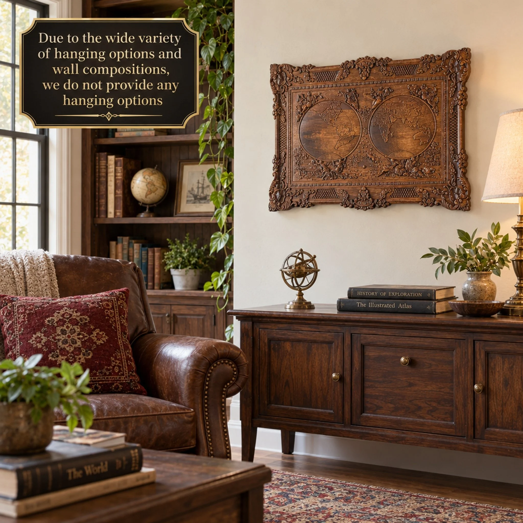 World map plaque on a study wall with notice that hanging hardware is not provided