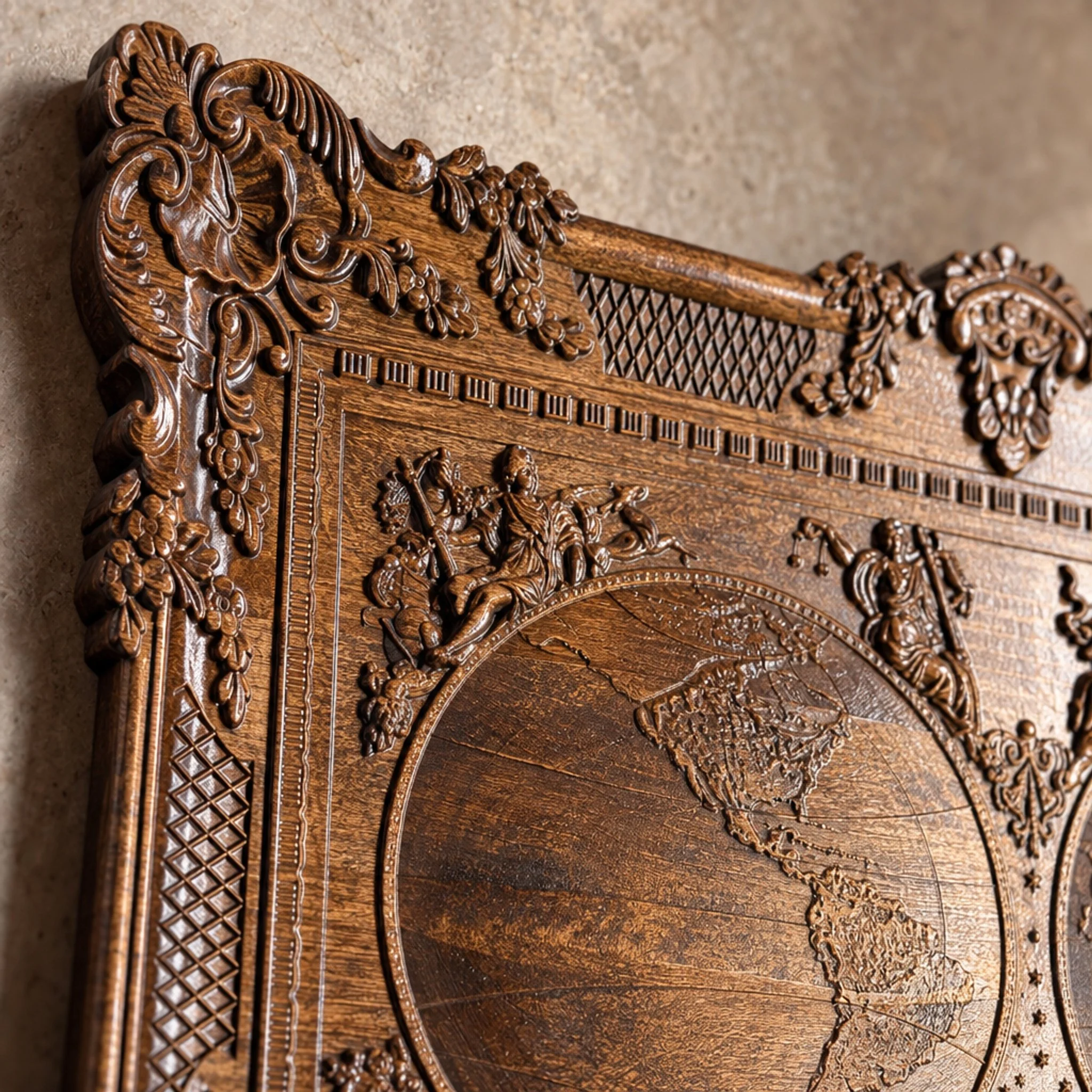 Close-up of ornate floral border and carved western hemisphere on maple world map plaque