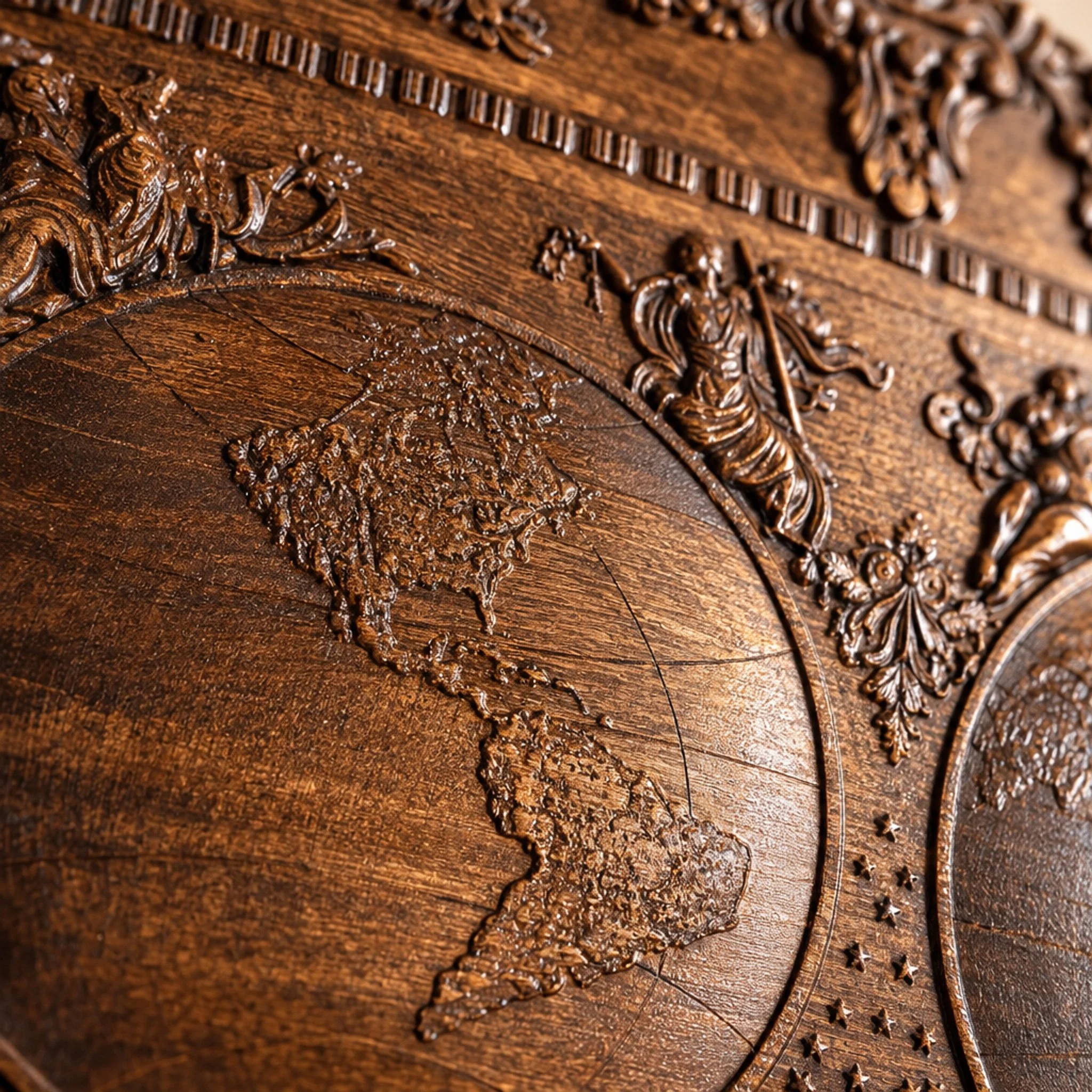 Close-up of carved Americas and decorative figures on world map plaque