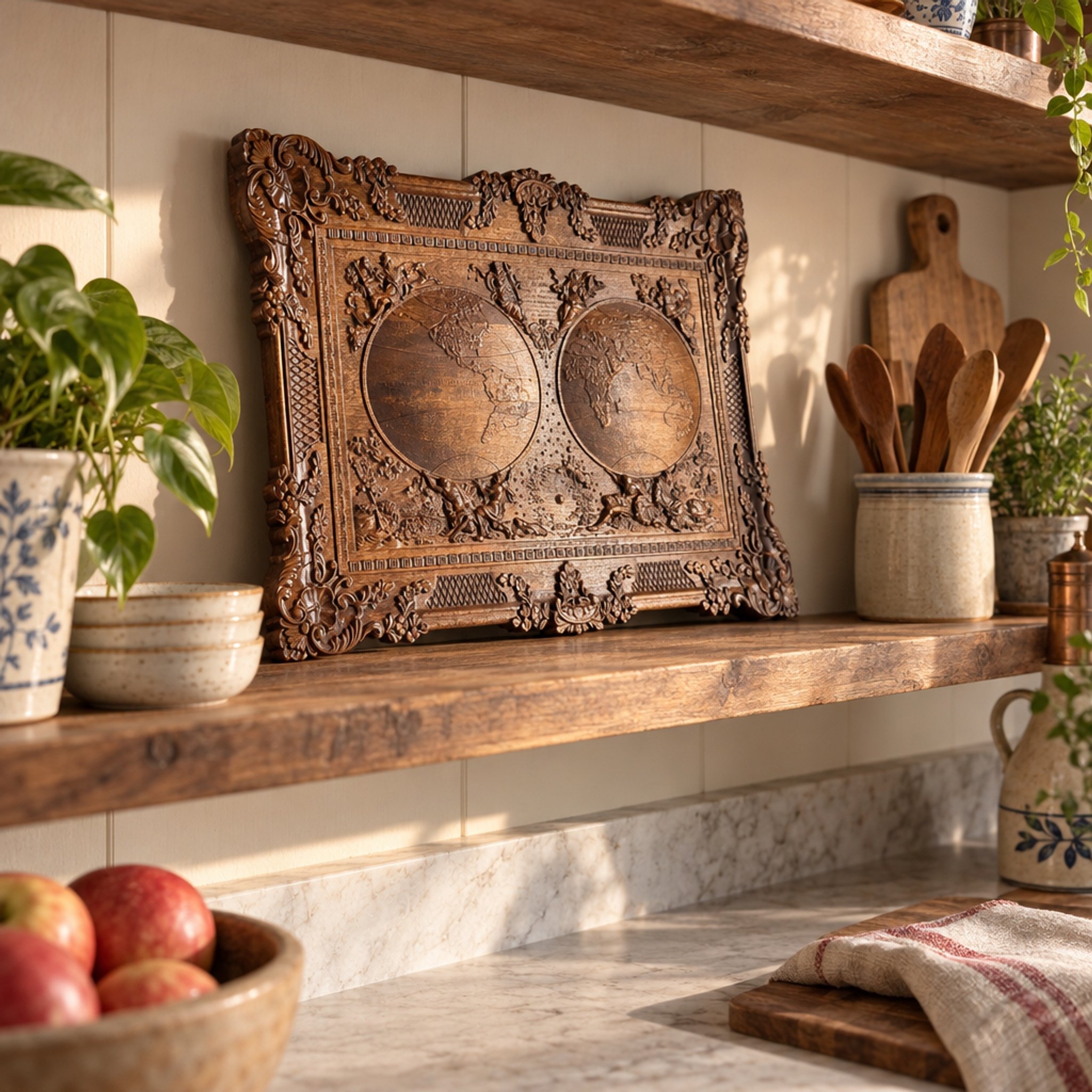 World map plaque resting on a kitchen shelf among plants and utensils