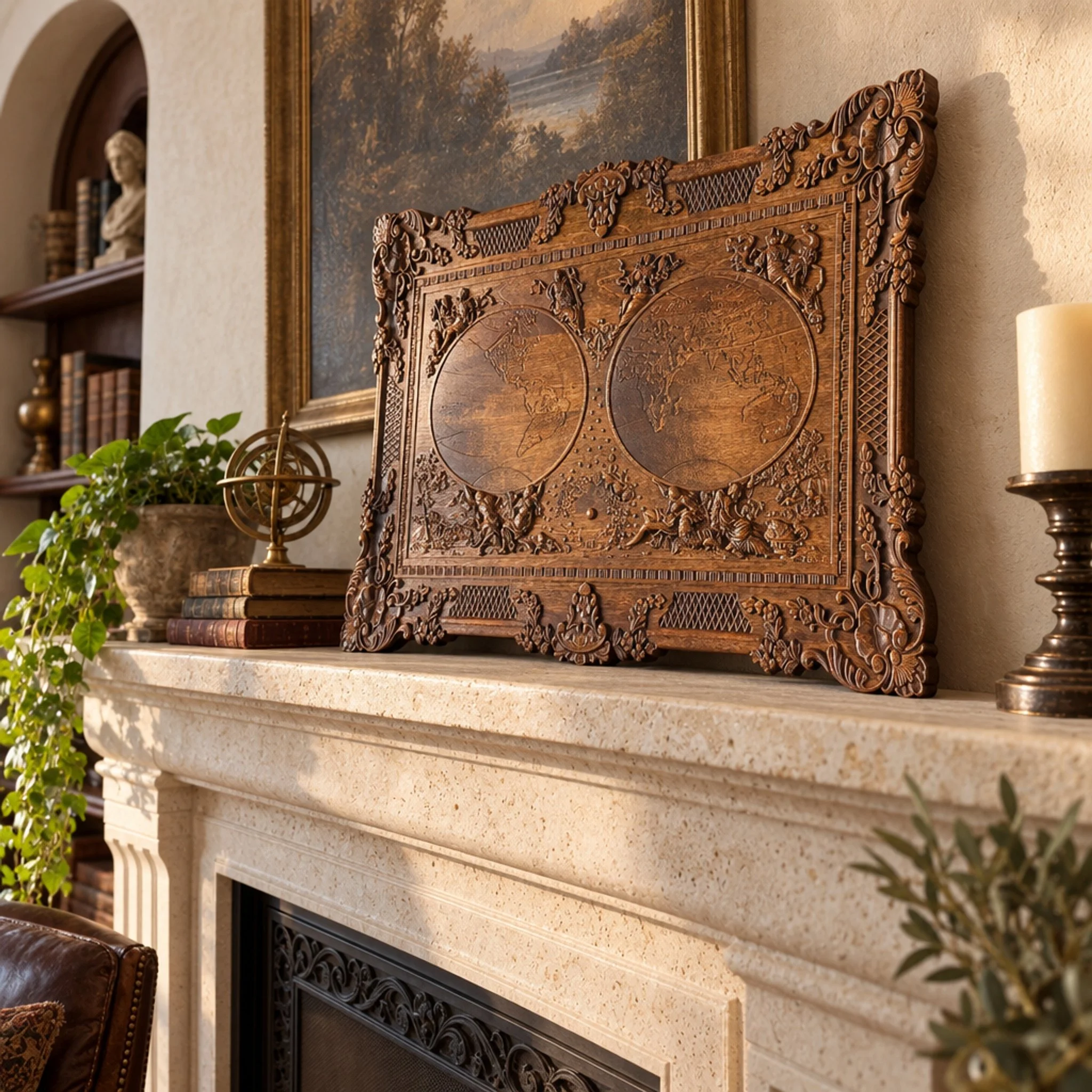 World map plaque on a fireplace mantel beside books and a candle