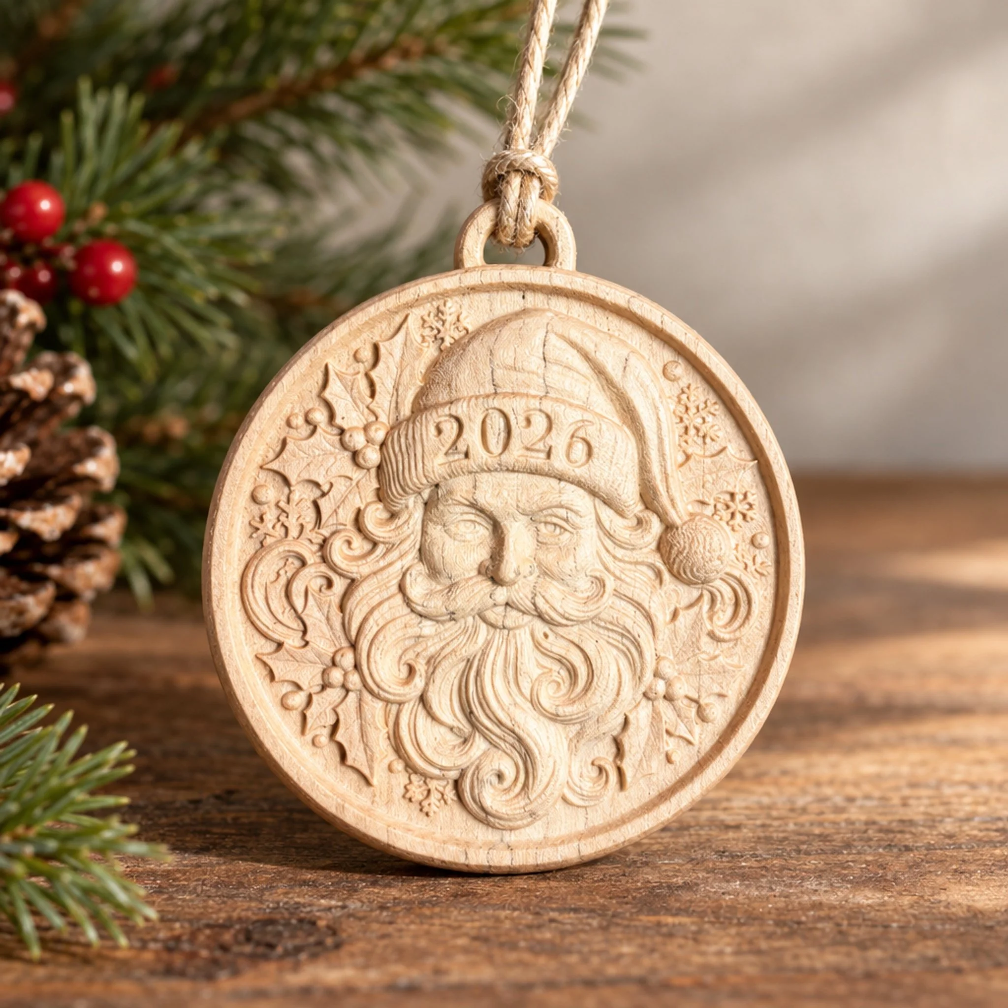 Four-inch unfinished maple Santa 2026 ornament with holly and snowflakes on a wood table beside evergreen branches.