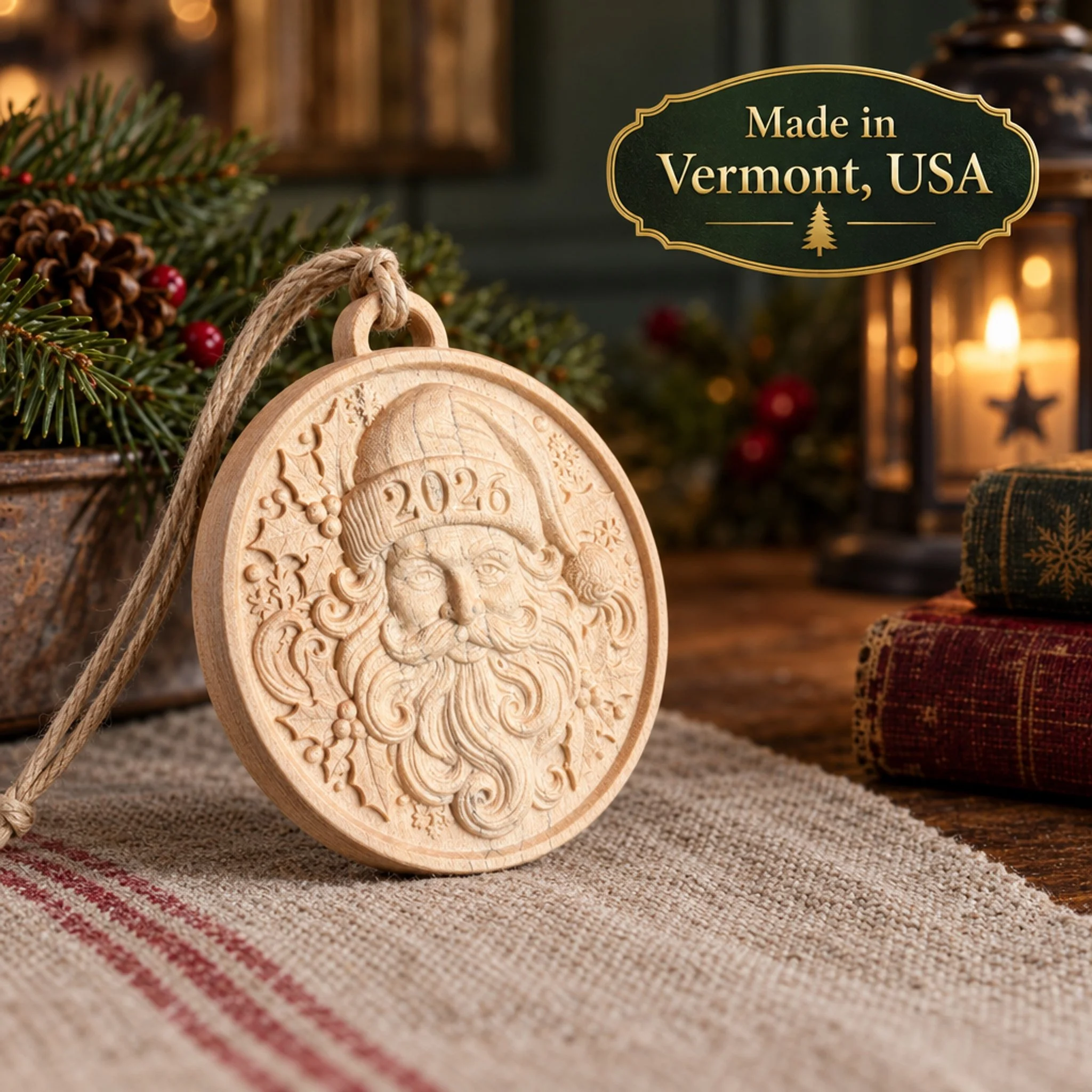 Angled view of the unfinished maple Santa 2026 ornament on a cloth-covered table beside books and a candle.