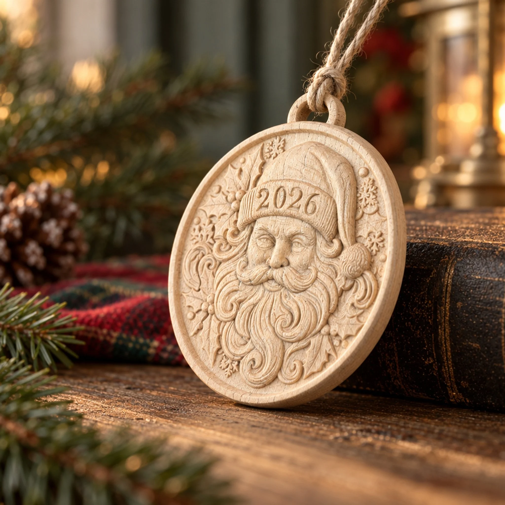 Side view of the carved Santa 2026 maple ornament leaning against books, showing its wood edge and jute loop.