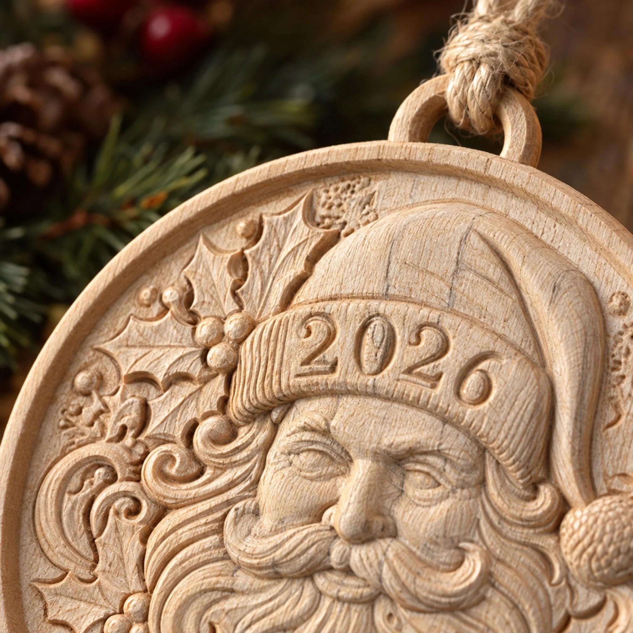 Close-up of 2026 carved into Santa’s hat with a holly leaf and visible maple wood grain.