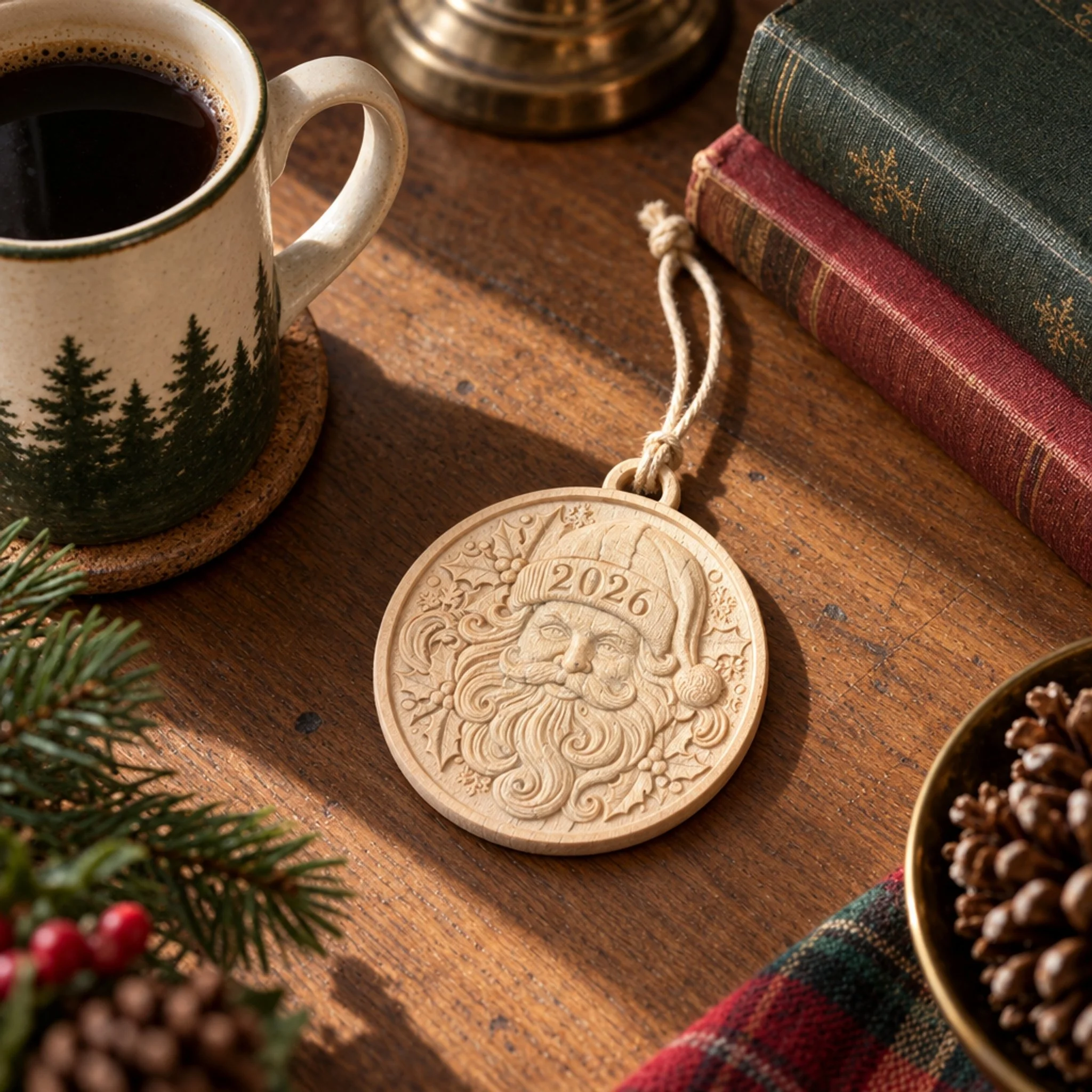 Santa 2026 maple ornament on a wood table beside a coffee mug, books, and evergreen sprigs.
