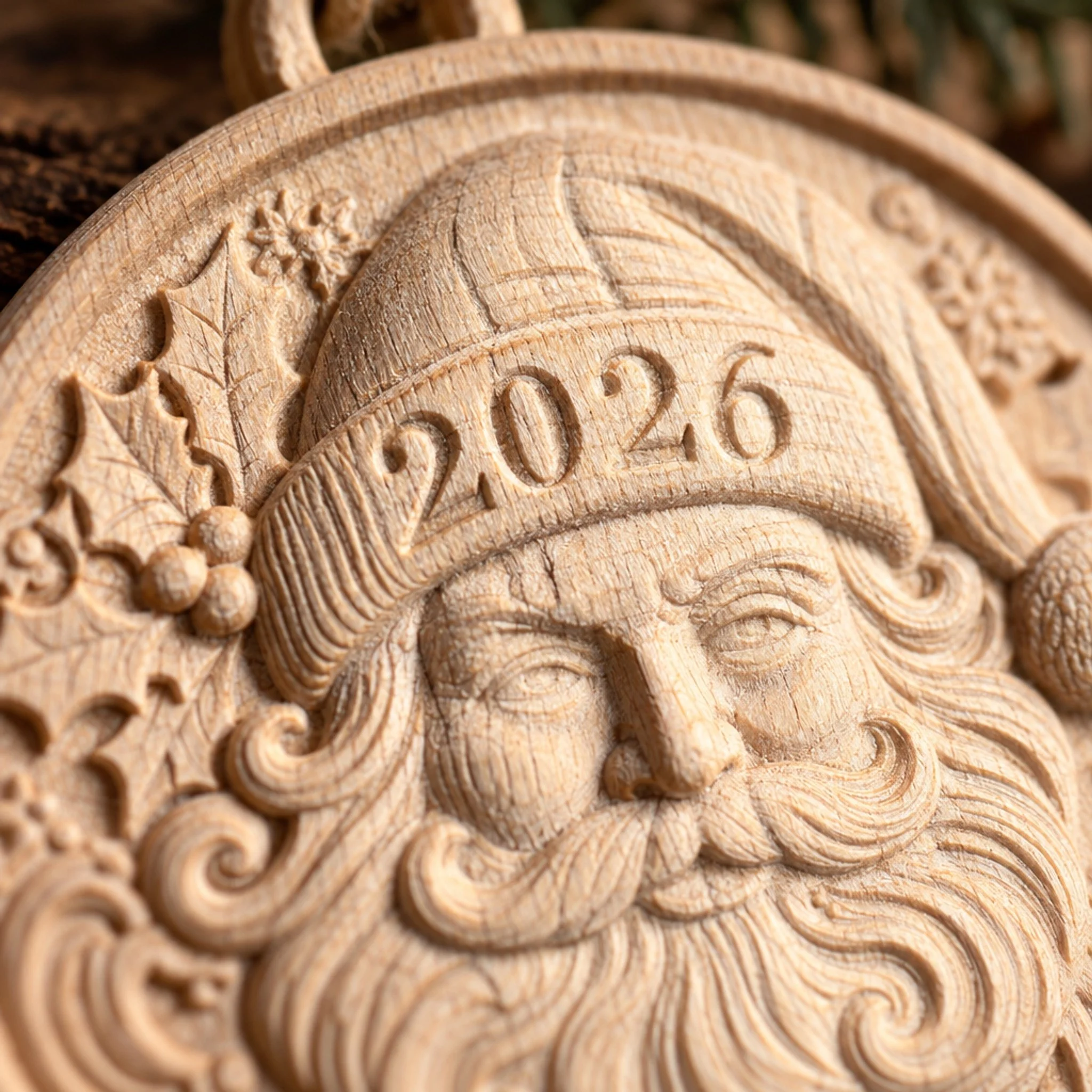 Close-up of Santa’s carved face, 2026 hat, holly, and unfinished maple texture.