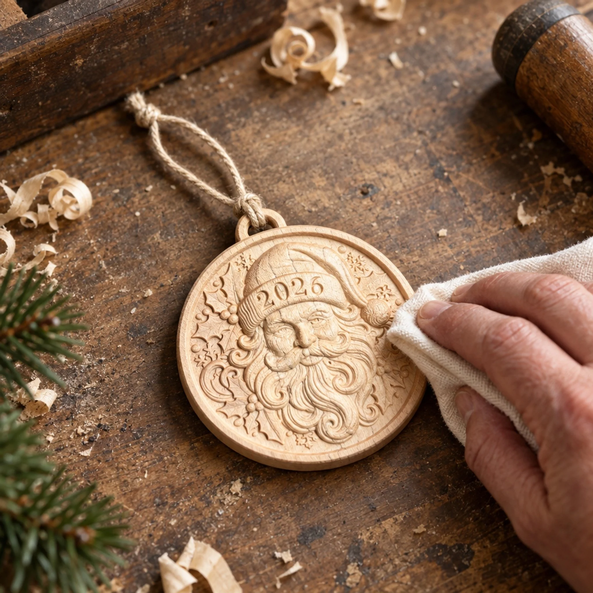 Hand polishing the carved Santa 2026 ornament on a woodworking bench.