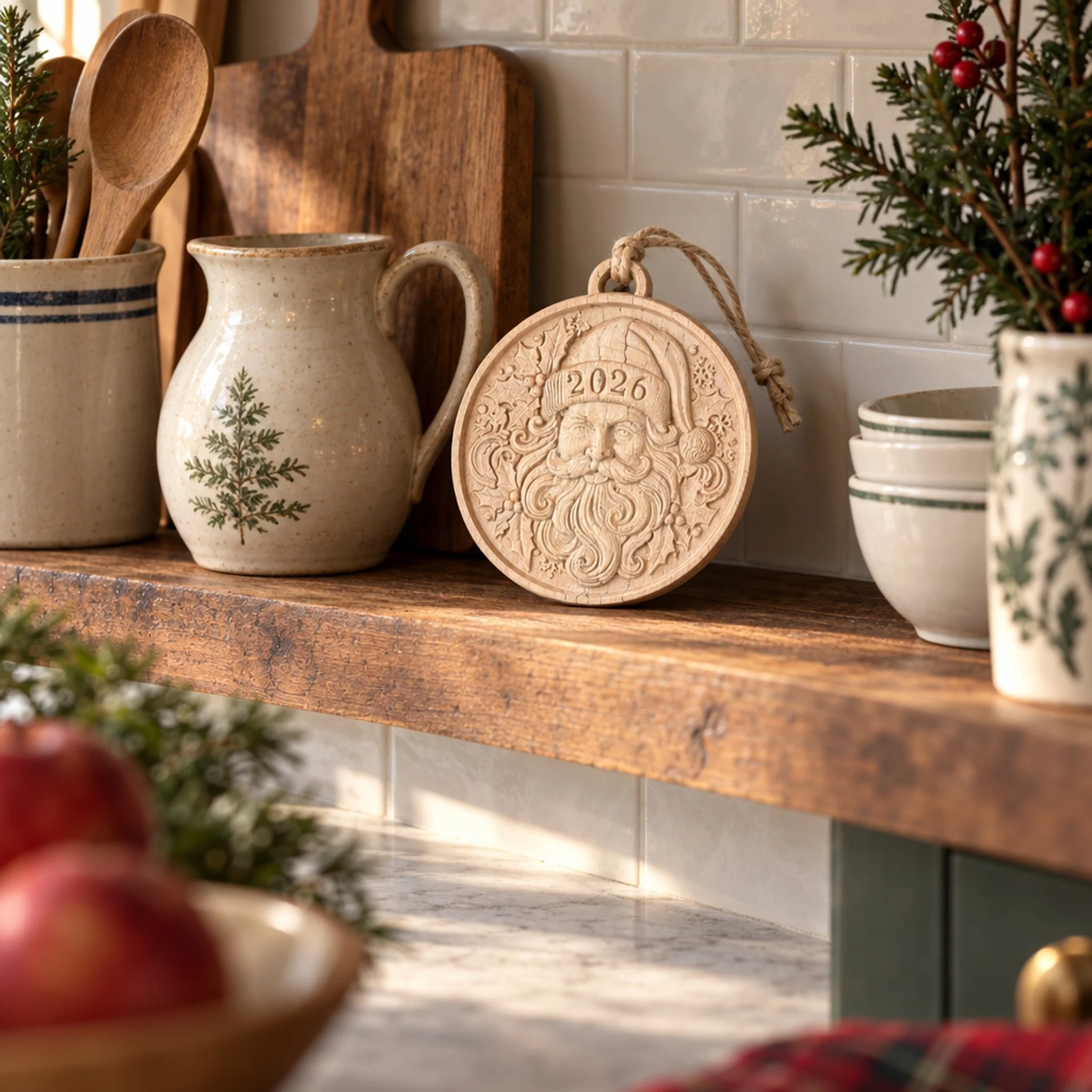 Santa 2026 ornament leaning on a kitchen shelf beside ceramics and evergreen sprigs.