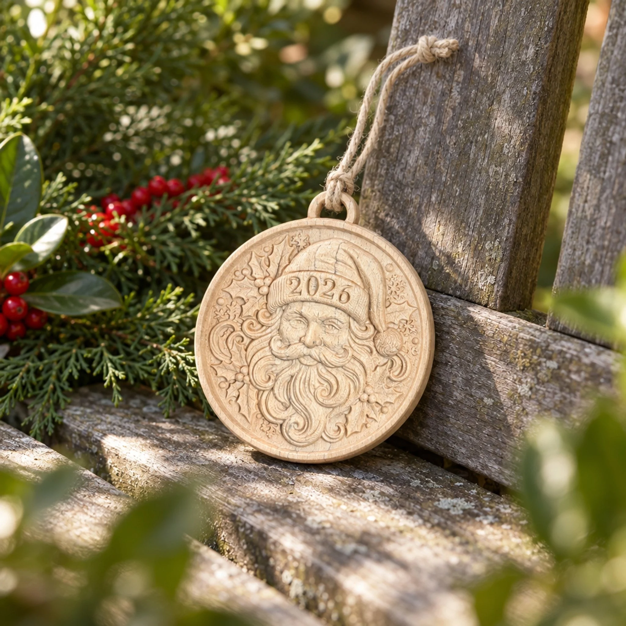 Santa 2026 ornament leaning on a rustic garden chair outdoors amid greenery and red berries.