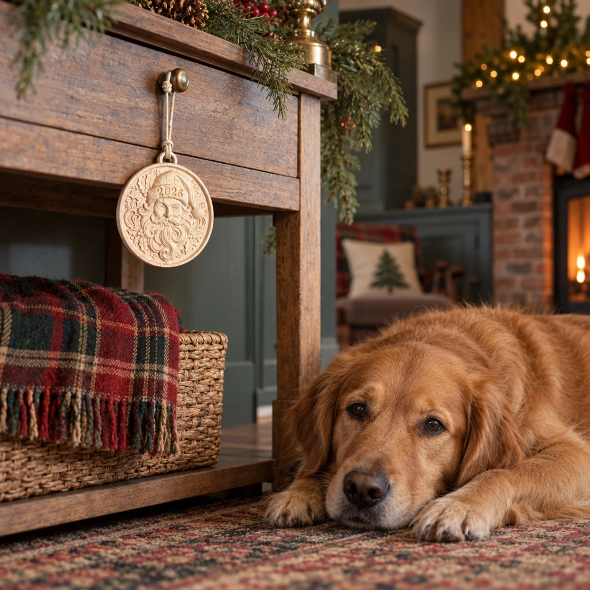 Santa 2026 ornament hanging from a cabinet knob in a room with a golden retriever resting nearby.