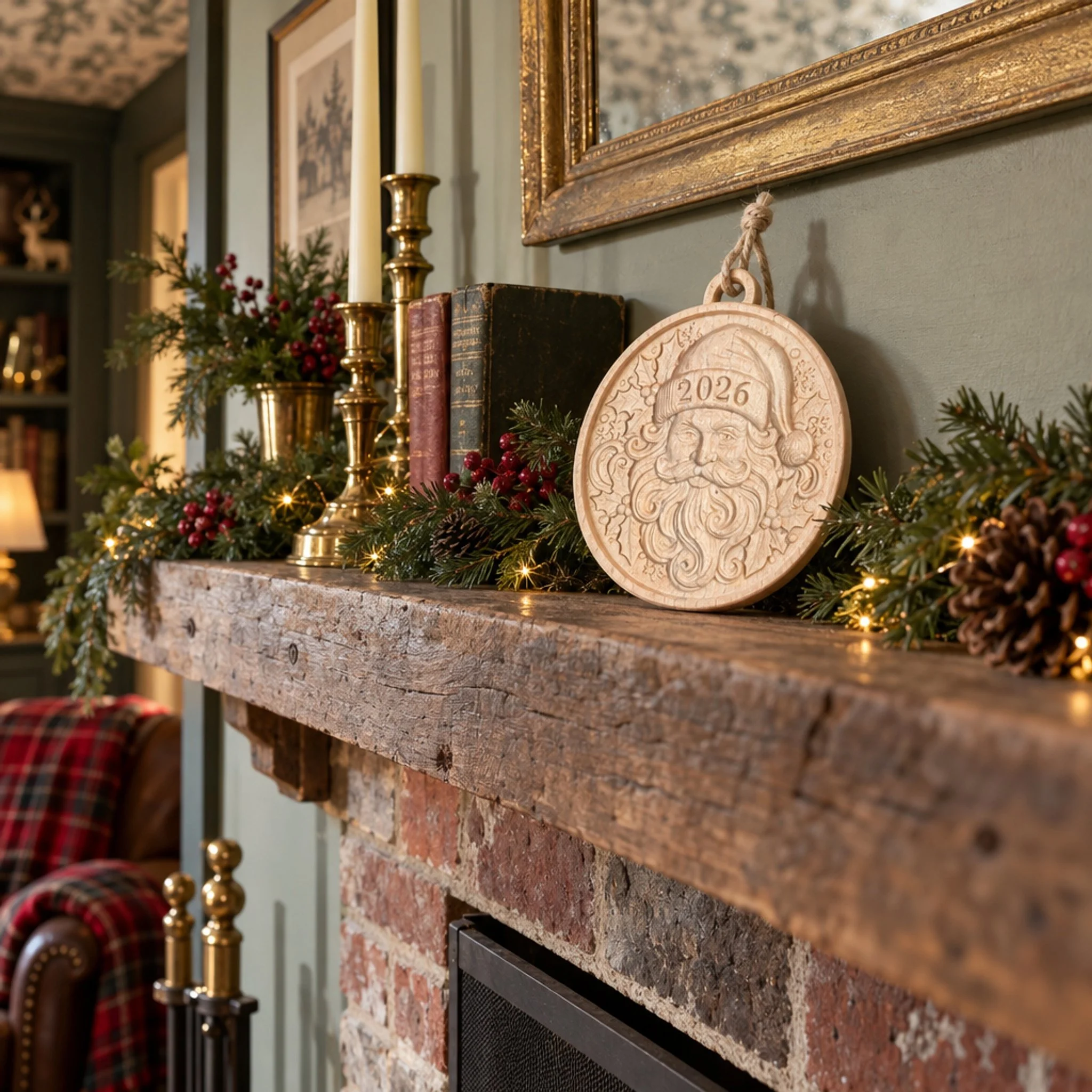 Santa 2026 ornament on a fireplace mantel with evergreen garland, candles, and books.