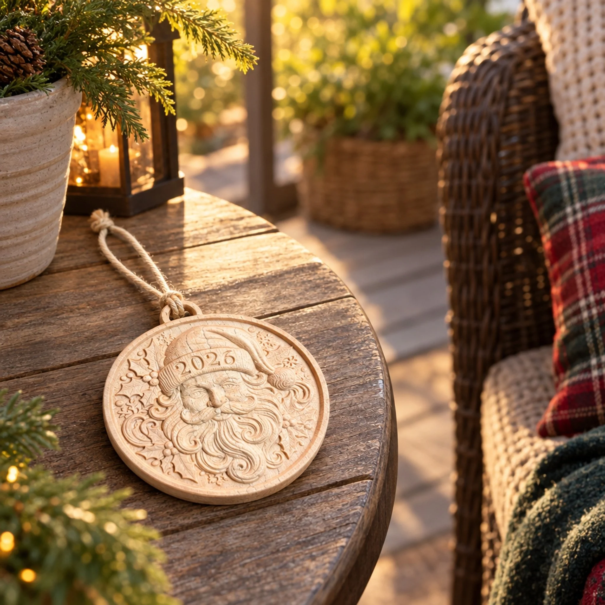 Santa 2026 ornament on an outdoor patio table beside a wicker chair and lantern.