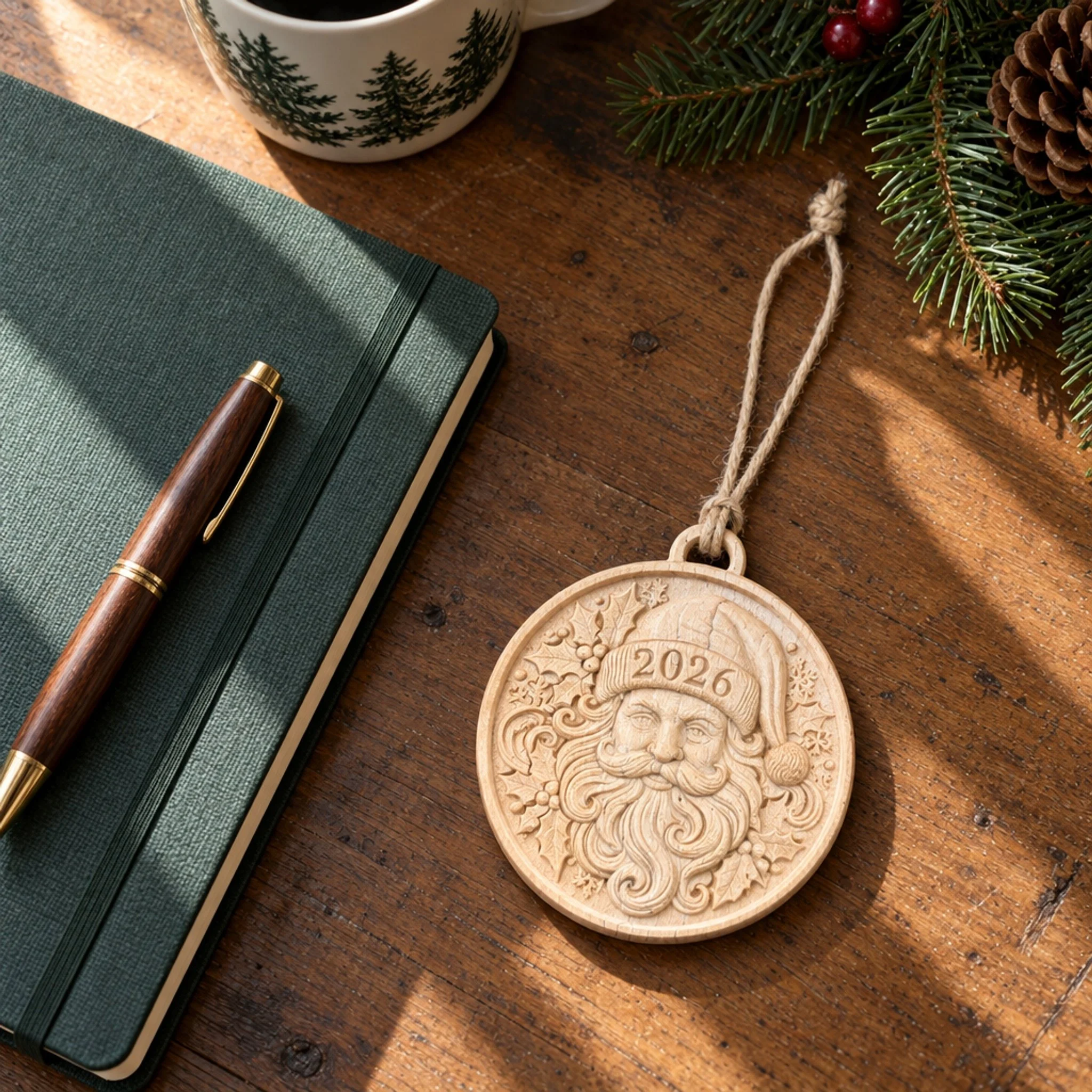 Overhead view of Santa 2026 ornament on a wood desk beside a green notebook, pen, coffee, and pine.