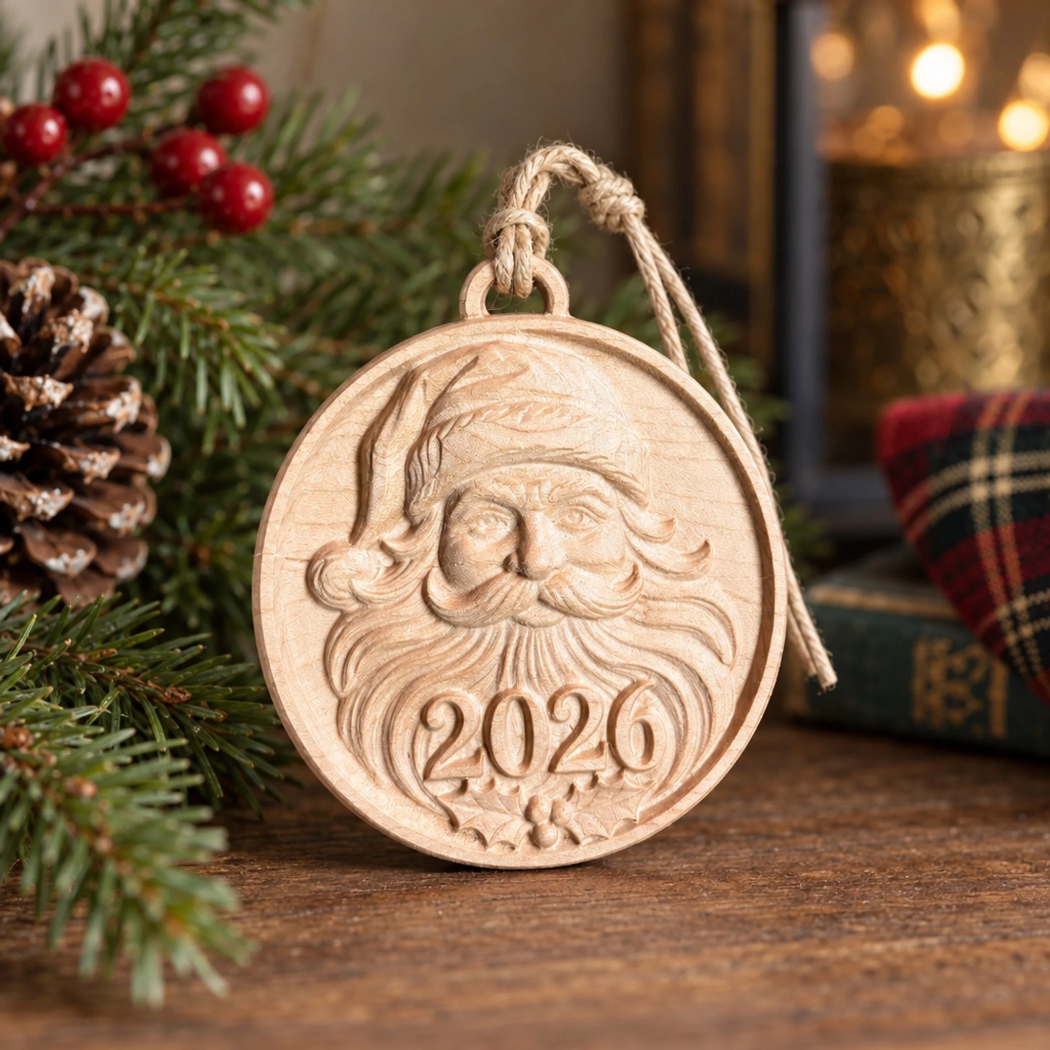 Round unfinished maple Santa 2026 ornament with holly detail and jute loop beside evergreen branches and red berries.
