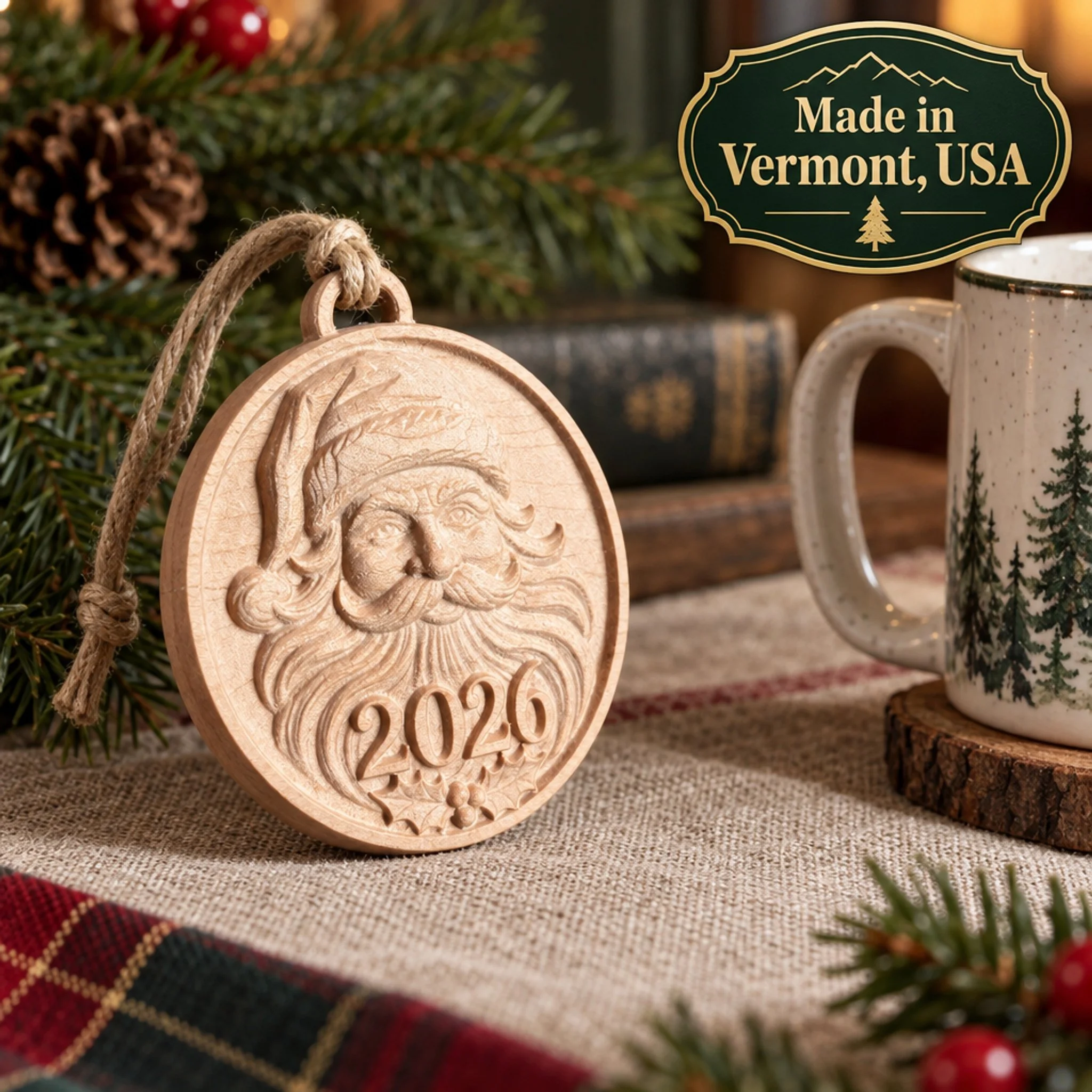 Angled Santa 2026 maple ornament beside pine greenery and a mug, with a Made in Vermont, USA graphic.