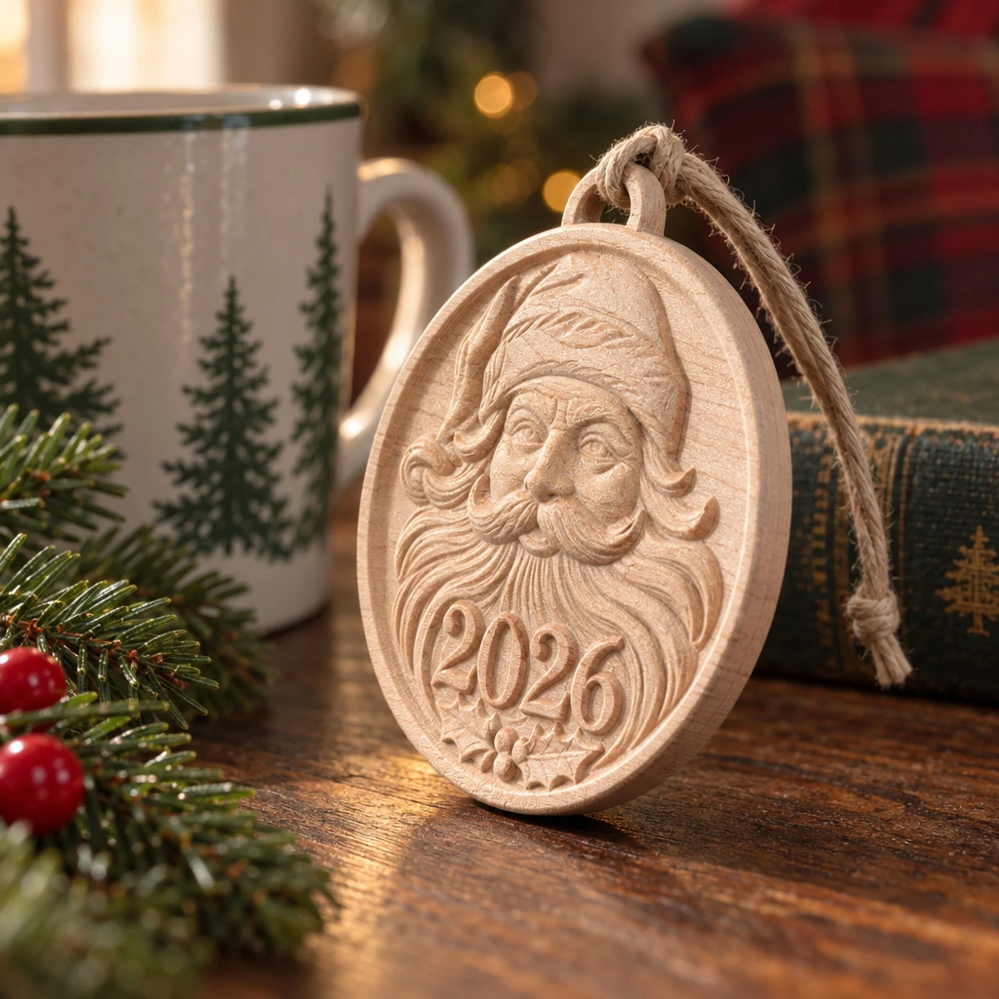 Three-quarter view of the carved Santa 2026 ornament showing its wood edge, jute loop, and raised relief beside a mug.