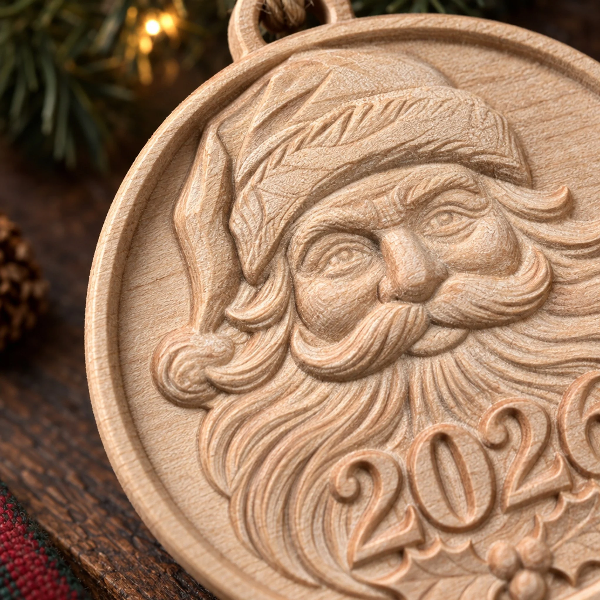 Close-up of Santa’s carved face, folded hat, beard, 2026 numerals, and maple grain.