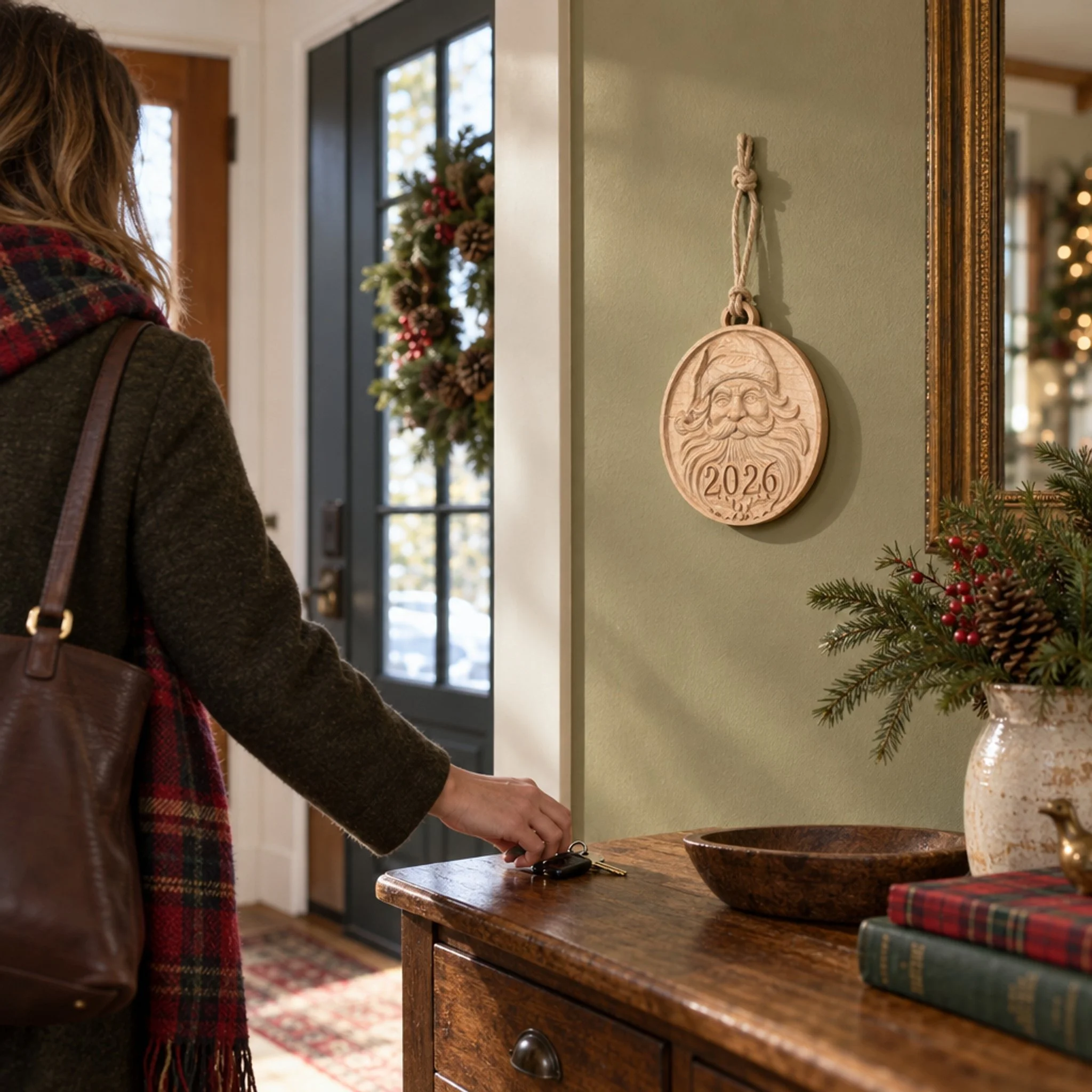 Santa 2026 ornament hanging on an entryway wall as a woman sets down her keys nearby.