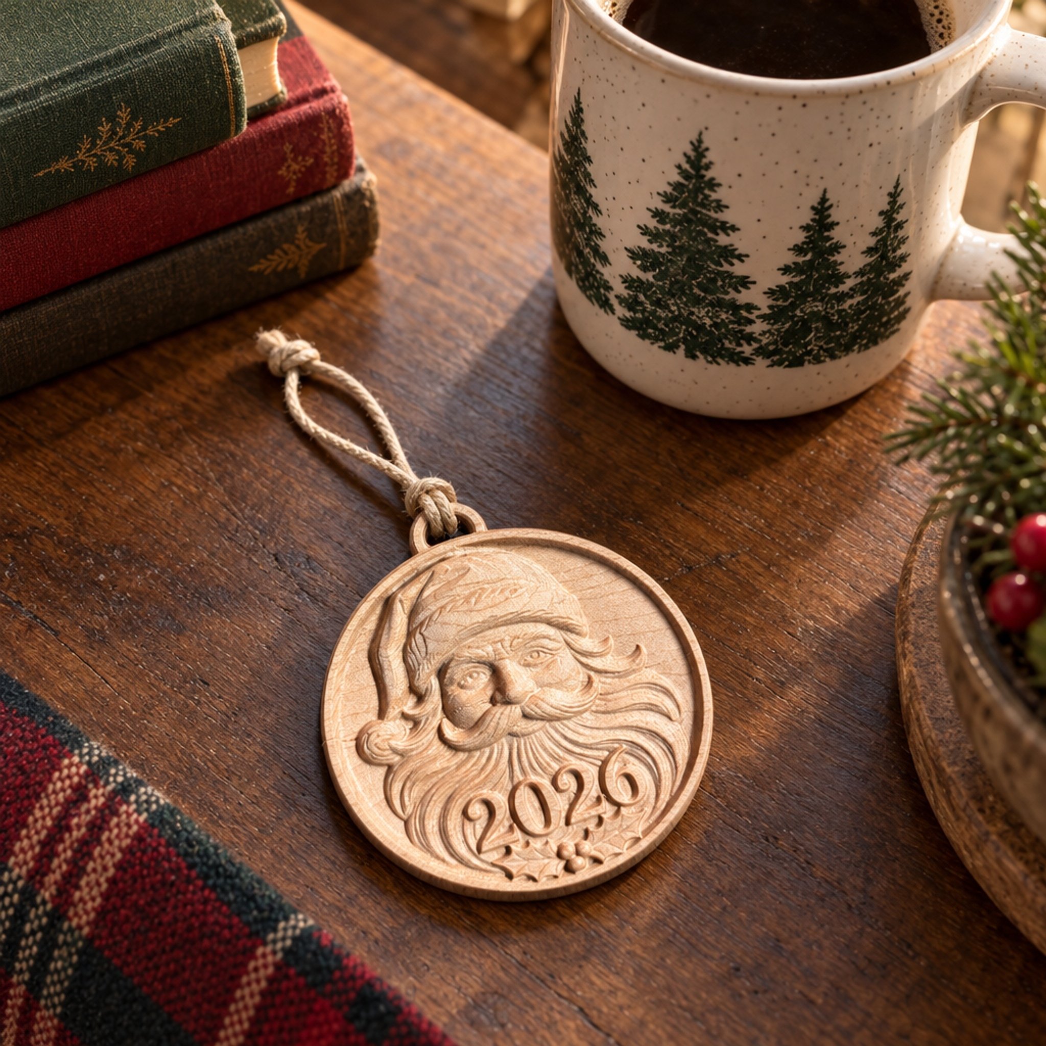 Santa 2026 maple ornament lying on a wood table beside a tree-print mug and stacked books.