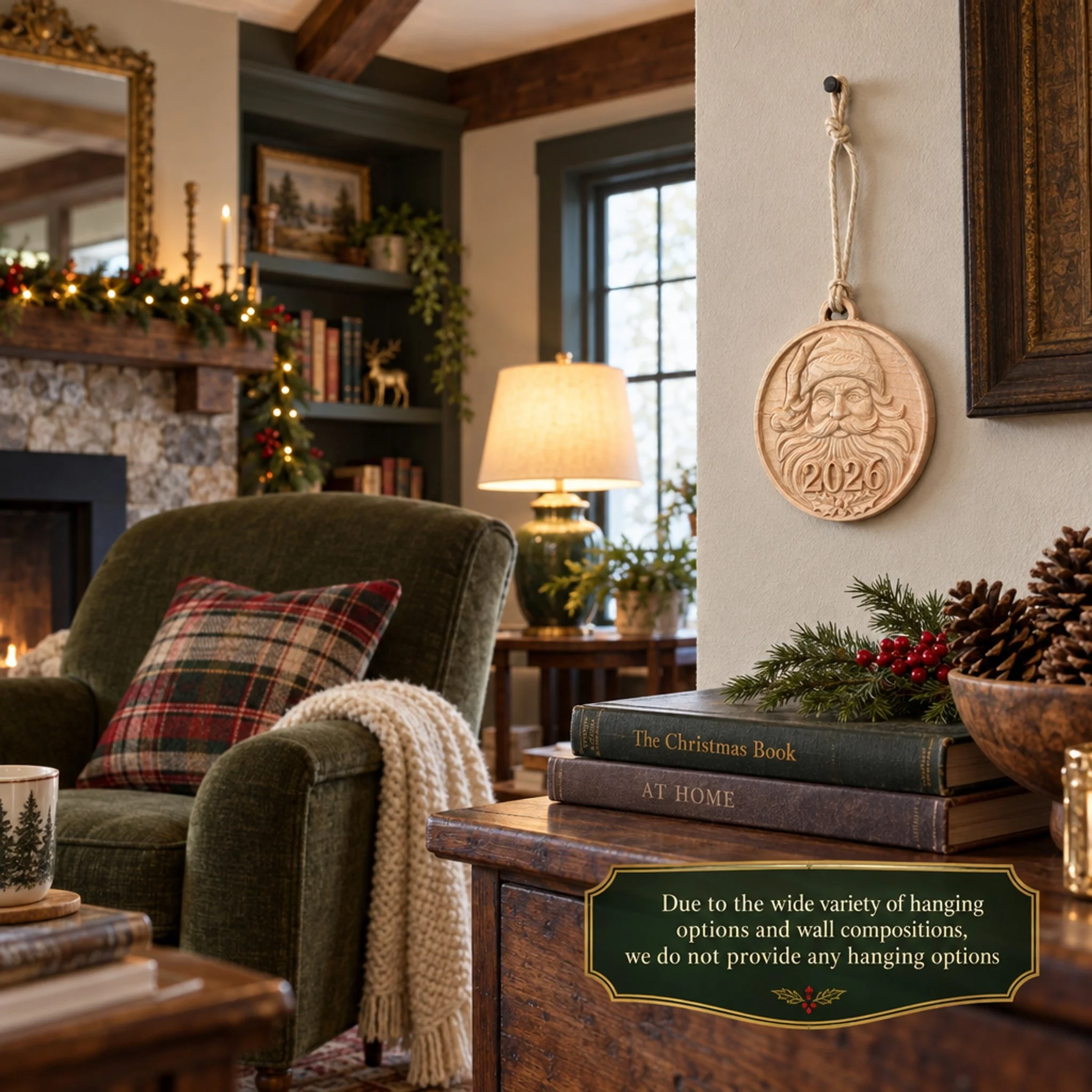 Santa 2026 ornament hanging on a living-room wall near a fireplace, with a notice that hanging options are not supplied.