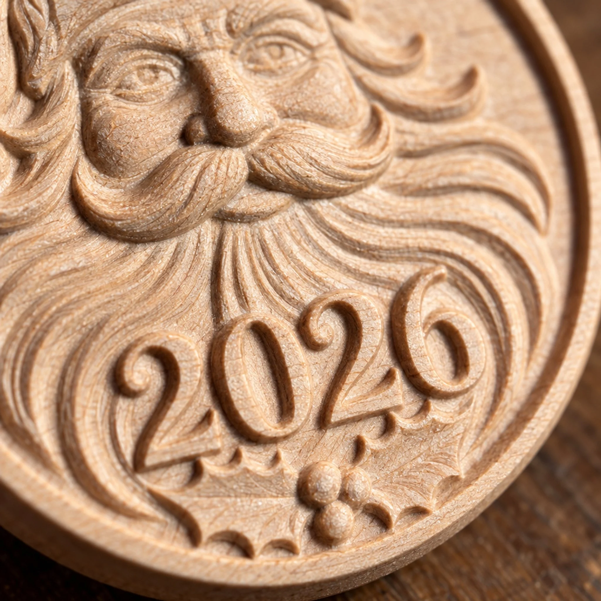 Close-up of the carved 2026 numerals, Santa’s beard, holly leaves, and unfinished maple texture.