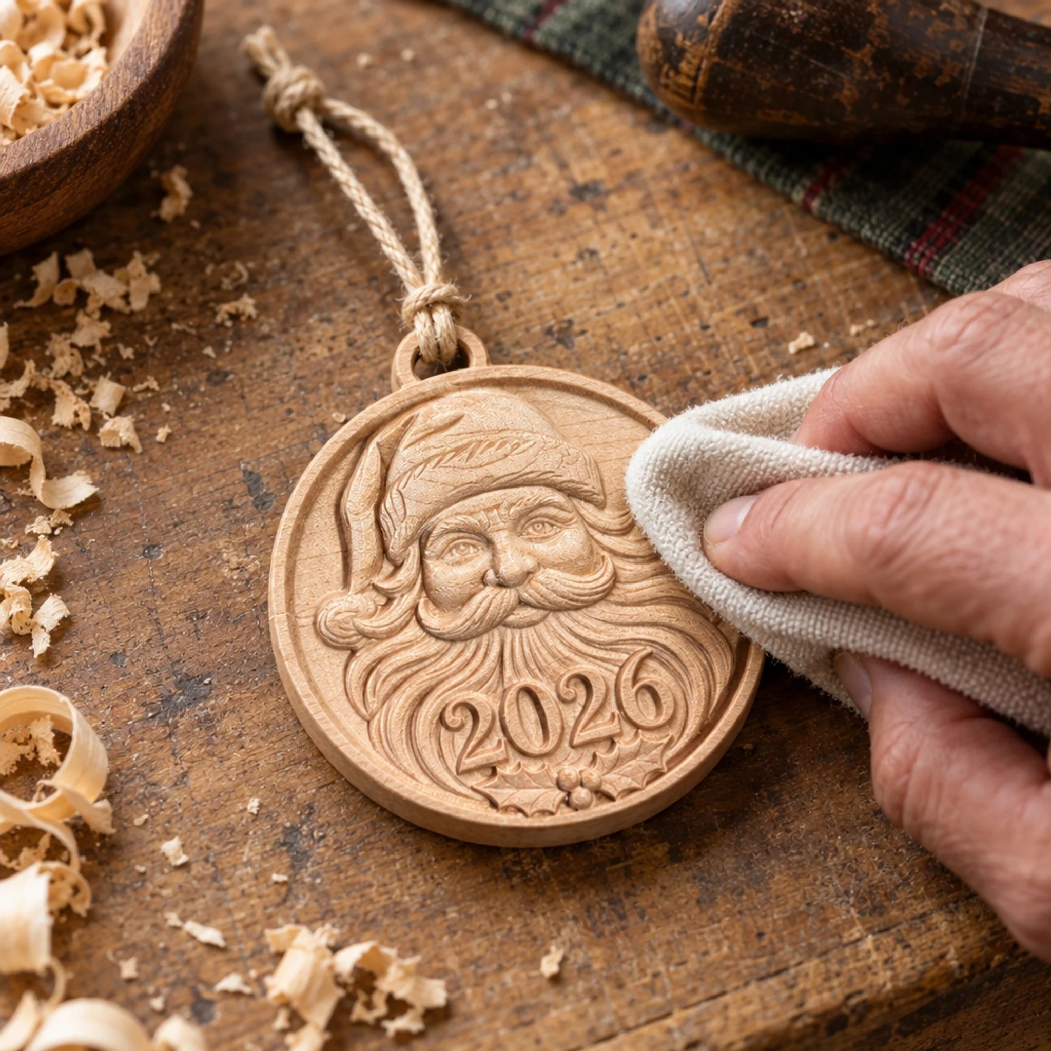 Hand polishing the carved Santa 2026 wood ornament on a woodworking bench.