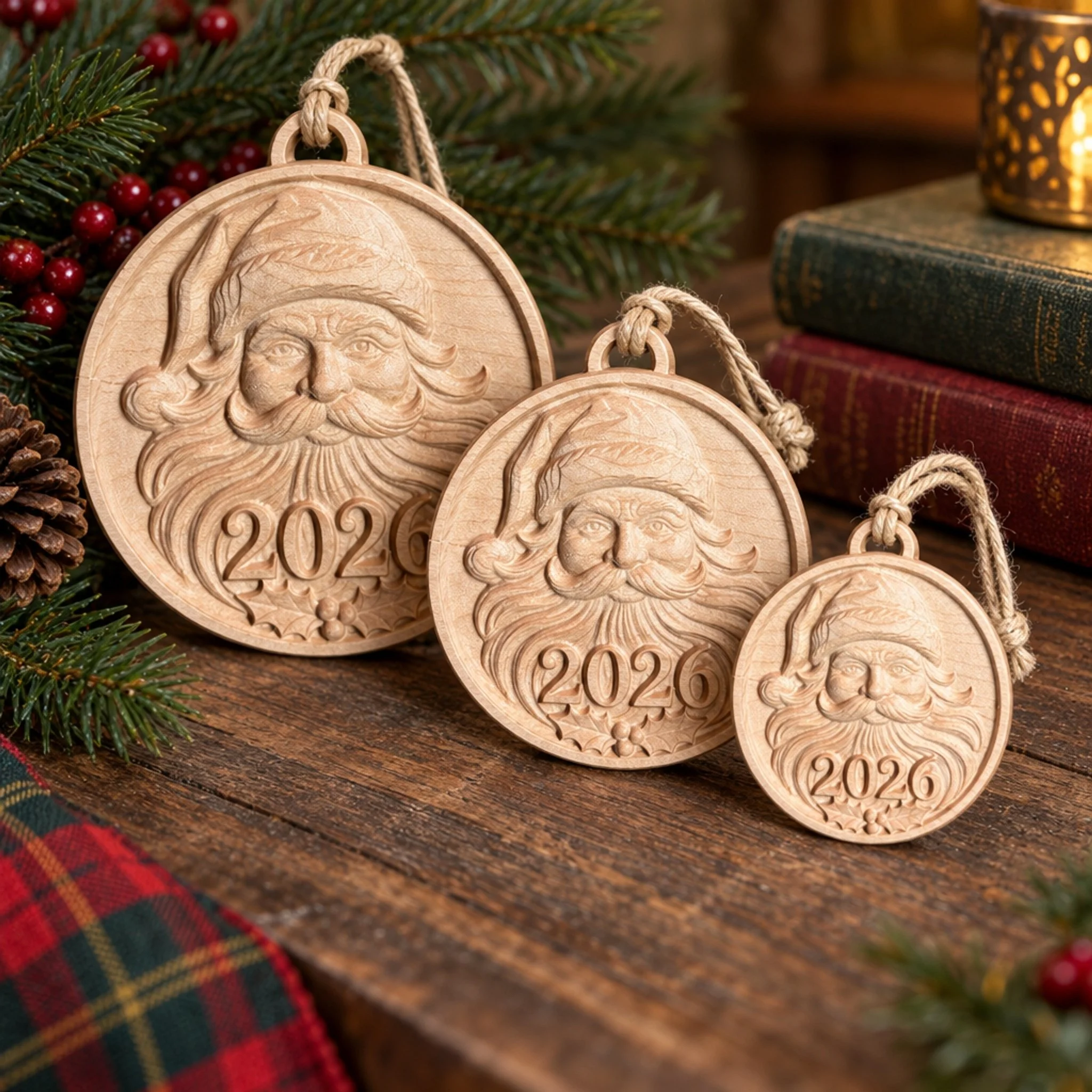 Three Santa 2026 ornaments of different display sizes staged together with evergreen branches and books.