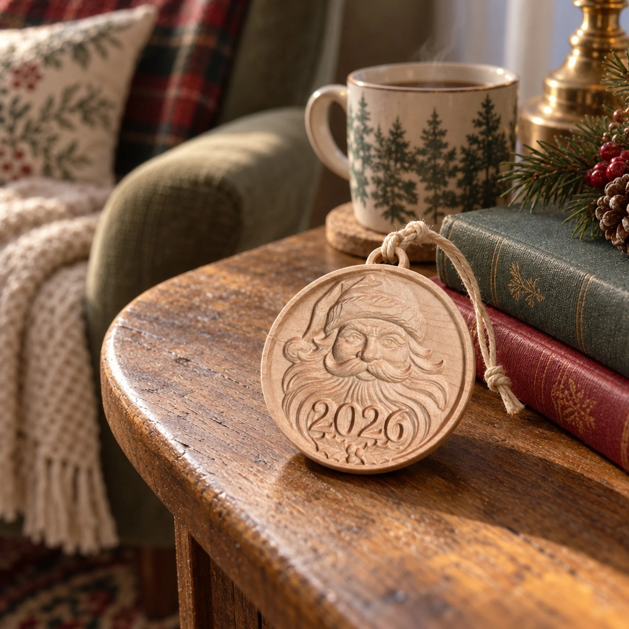 Santa 2026 ornament beside a steaming tree-print mug and books in a reading nook.