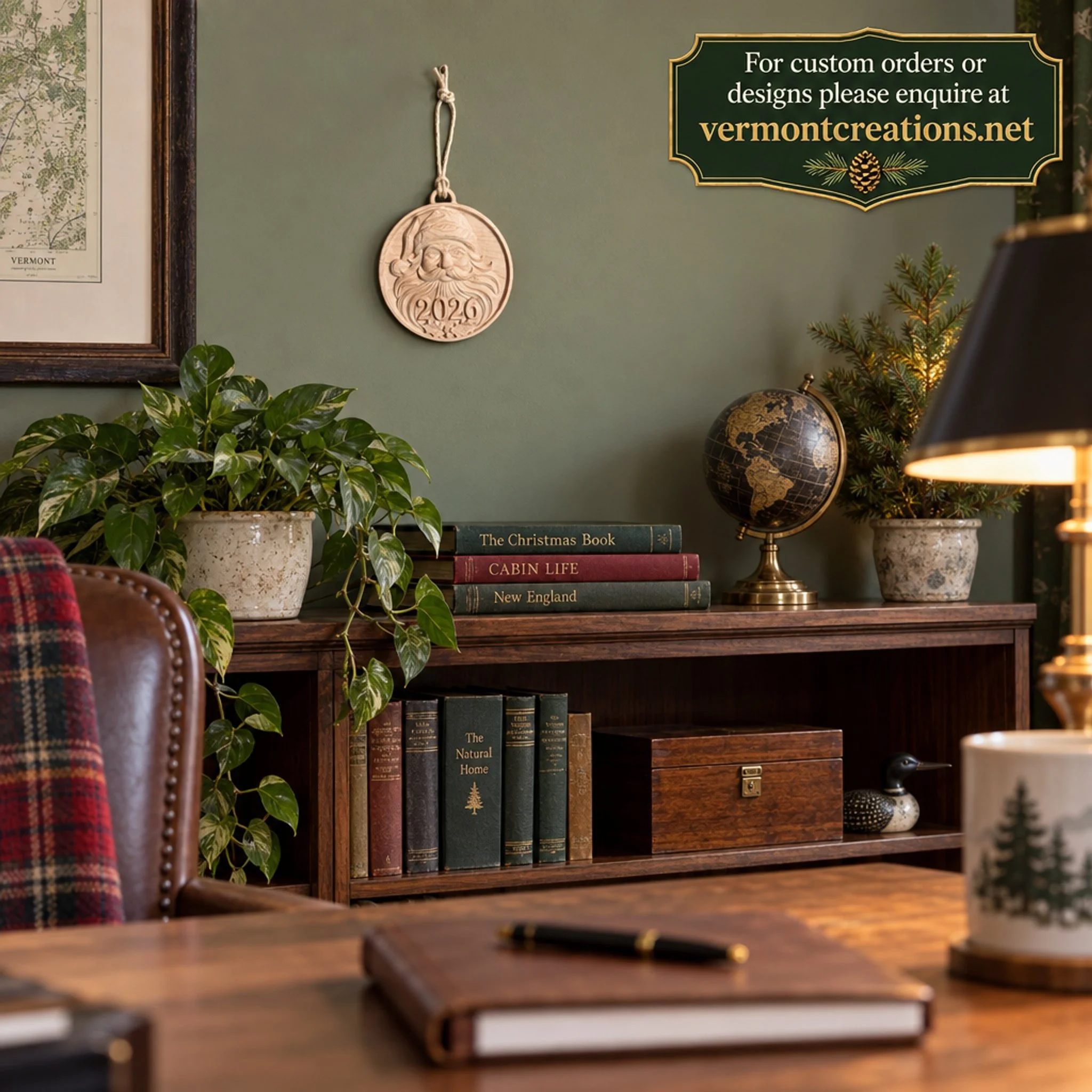 Santa 2026 ornament hanging above an office bookshelf with a custom-orders website graphic.