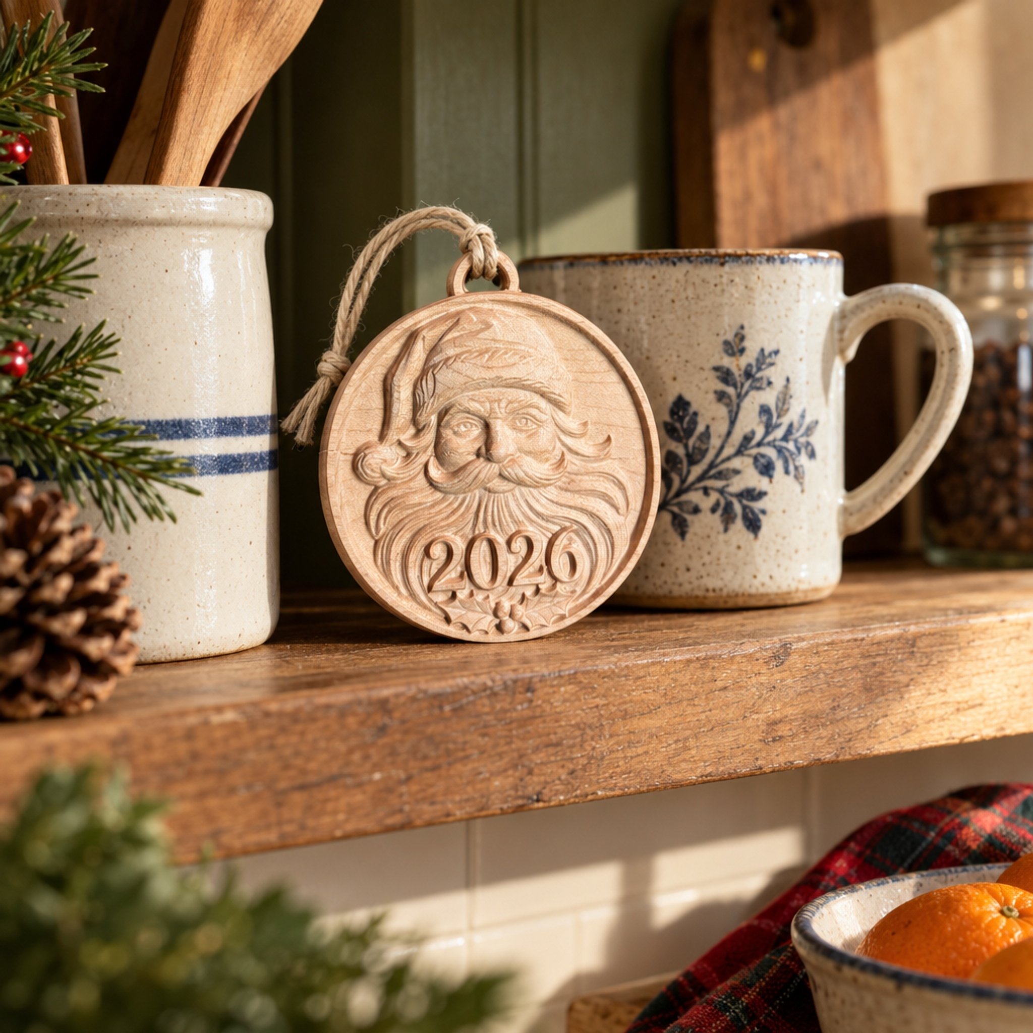 Santa 2026 ornament displayed on a kitchen shelf beside ceramic mugs and evergreen sprigs.