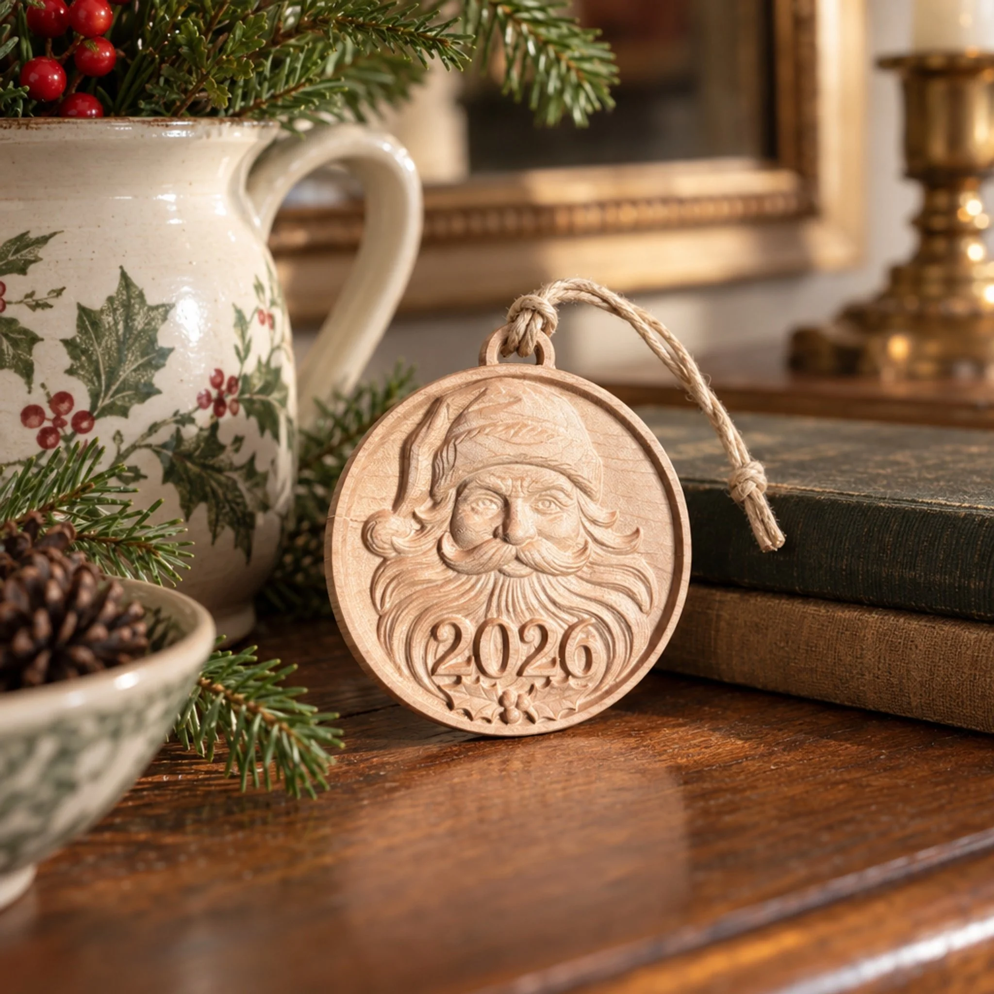 Santa 2026 ornament beside a holly-decorated ceramic jug and stacked books on a wood table.