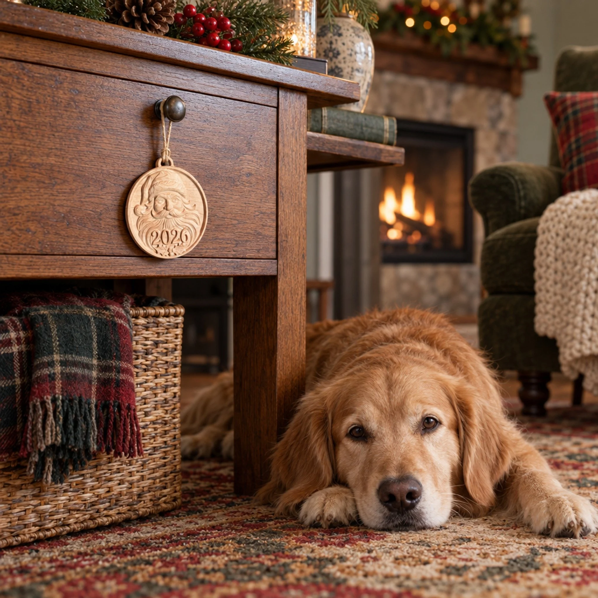 Santa 2026 ornament hanging from a wooden drawer knob while a golden retriever rests nearby.