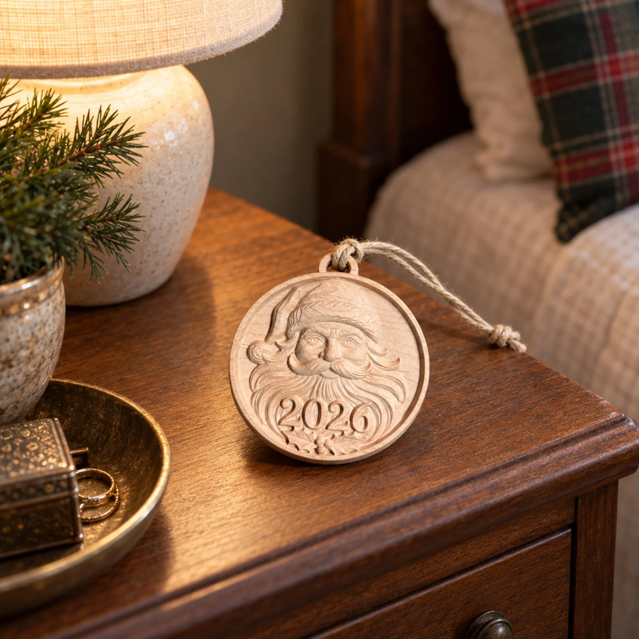 Santa 2026 ornament on a bedroom side table under a lamp beside a small evergreen arrangement.
