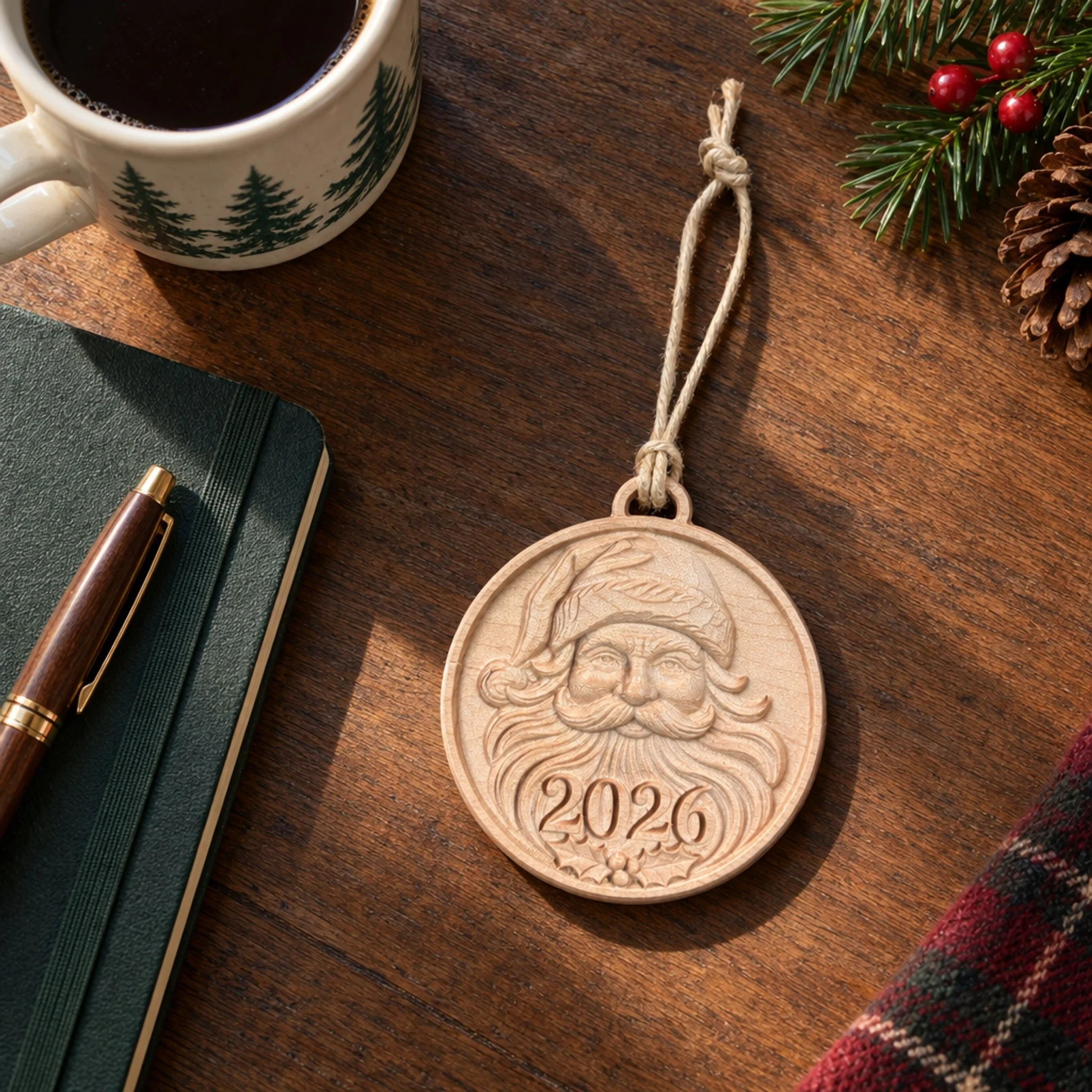 Overhead view of Santa 2026 ornament on a wood desk with a green notebook, pen, coffee, and evergreen sprigs.