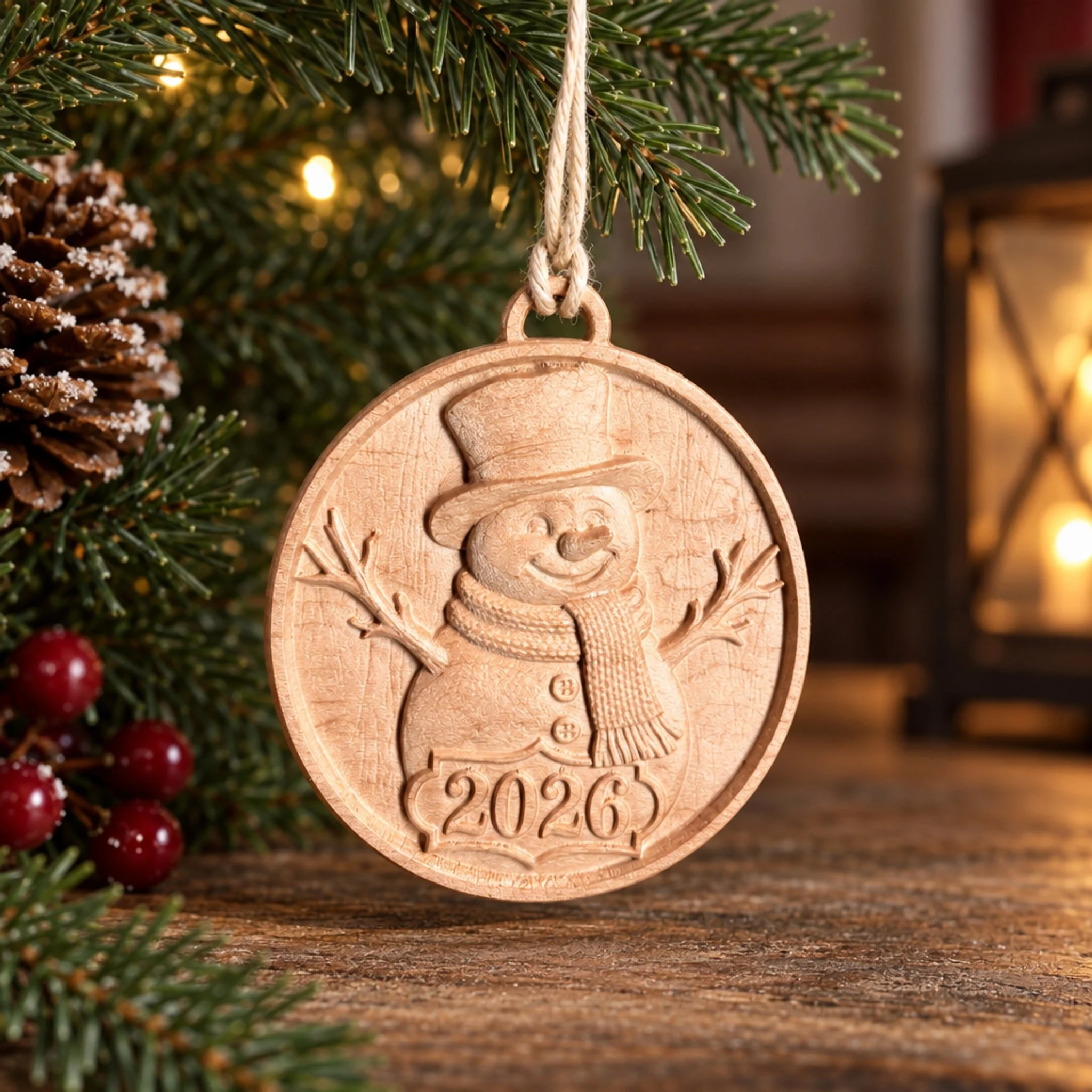 Carved maple 2026 snowman ornament hanging on an evergreen tree beside pinecone and red berries