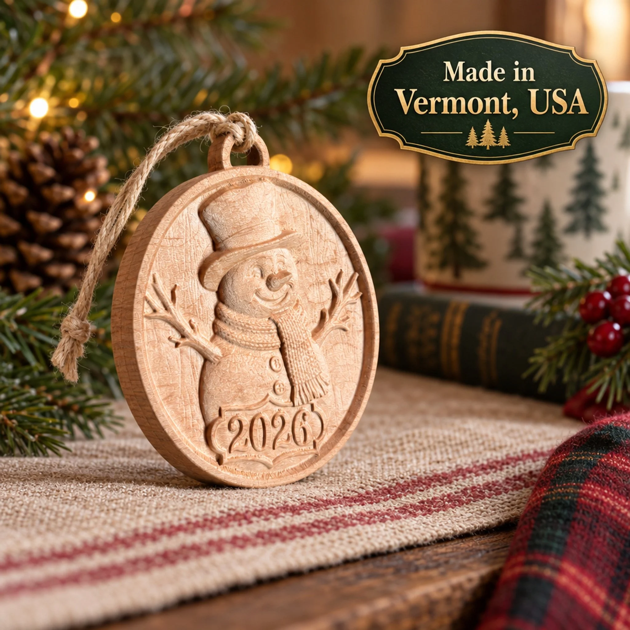 Three-quarter view of carved 2026 snowman ornament on a plaid runner with Made in Vermont, USA label