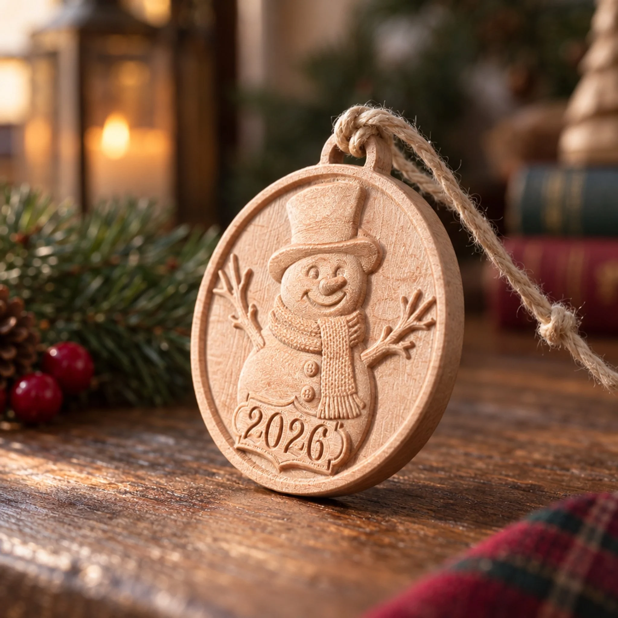 Side view of the carved maple 2026 snowman ornament showing its thickness and twine loop