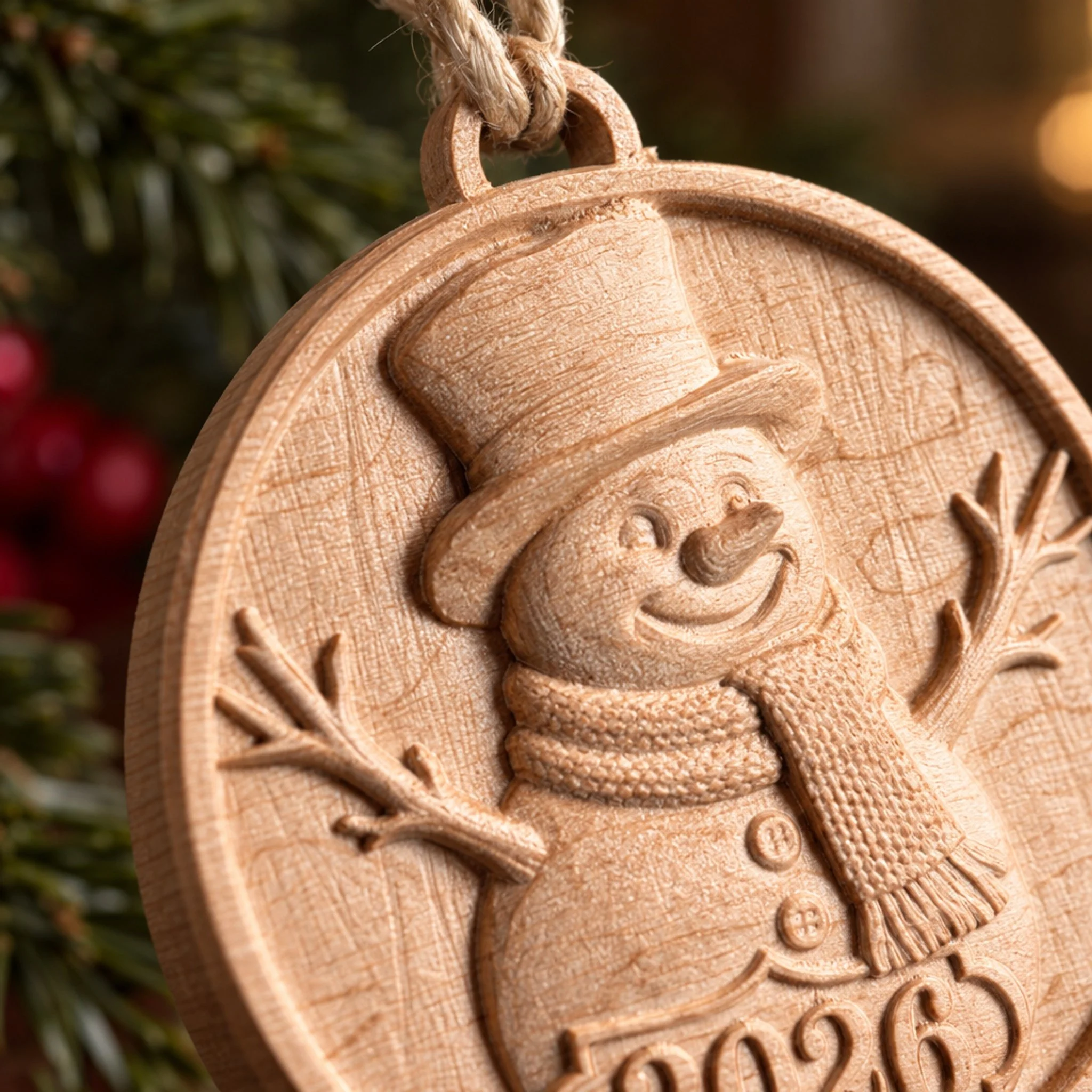 Close-up of carved snowman face, top hat, scarf and branch arms on the 2026 maple ornament