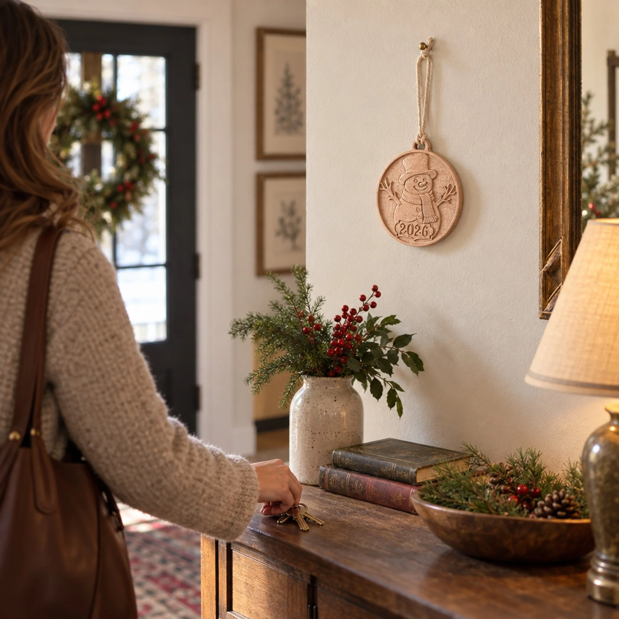 Carved 2026 snowman ornament displayed on an entryway wall above a console table