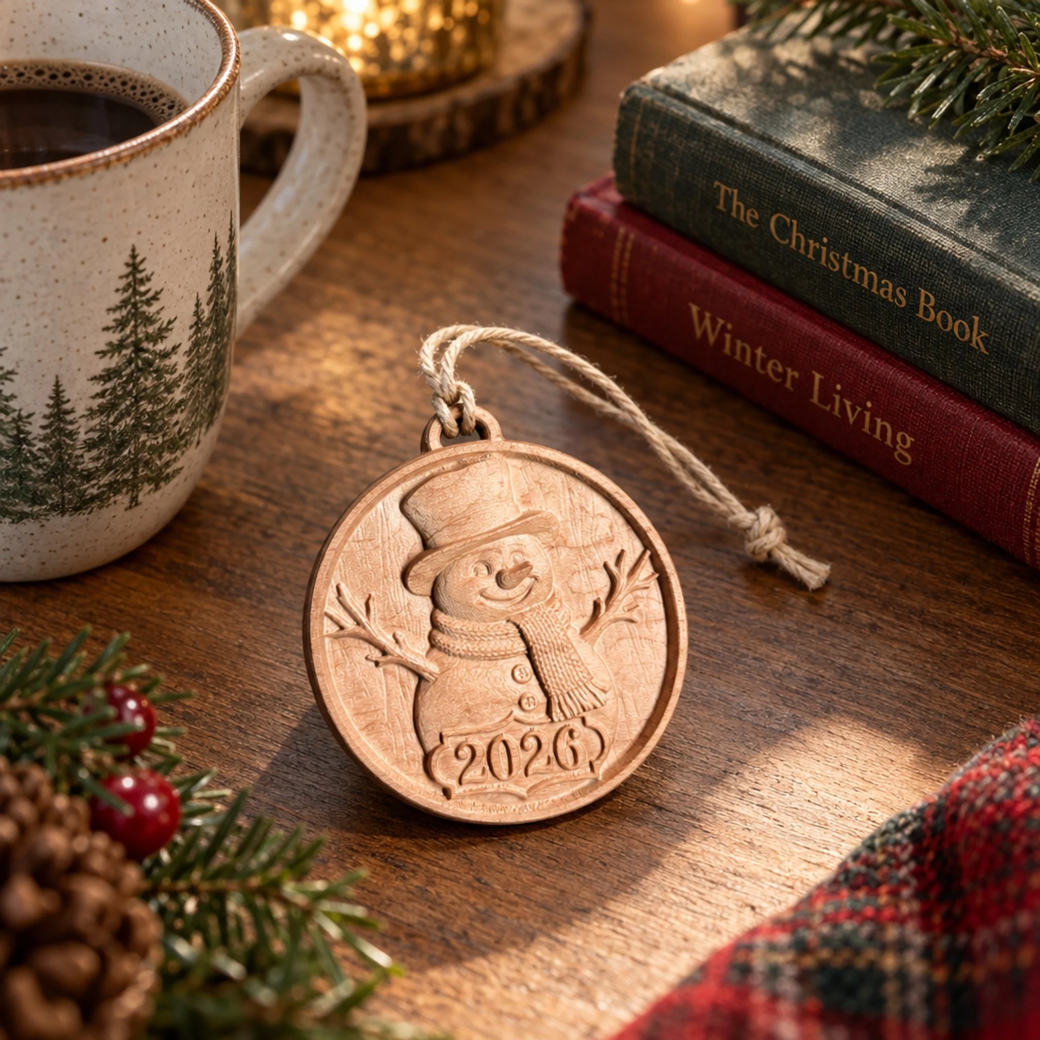 Carved maple 2026 snowman ornament beside a tree-pattern mug and winter books