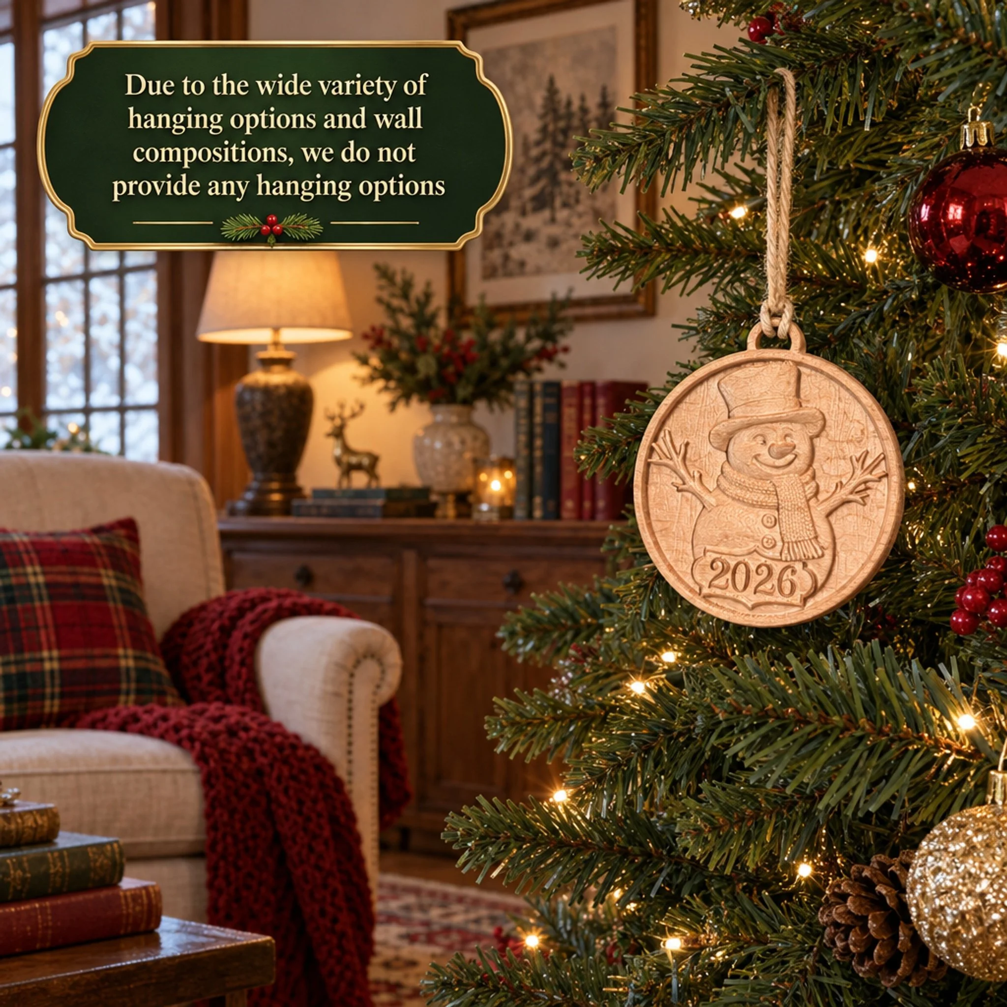 2026 snowman ornament shown on a Christmas tree with a notice that hanging options are not supplied