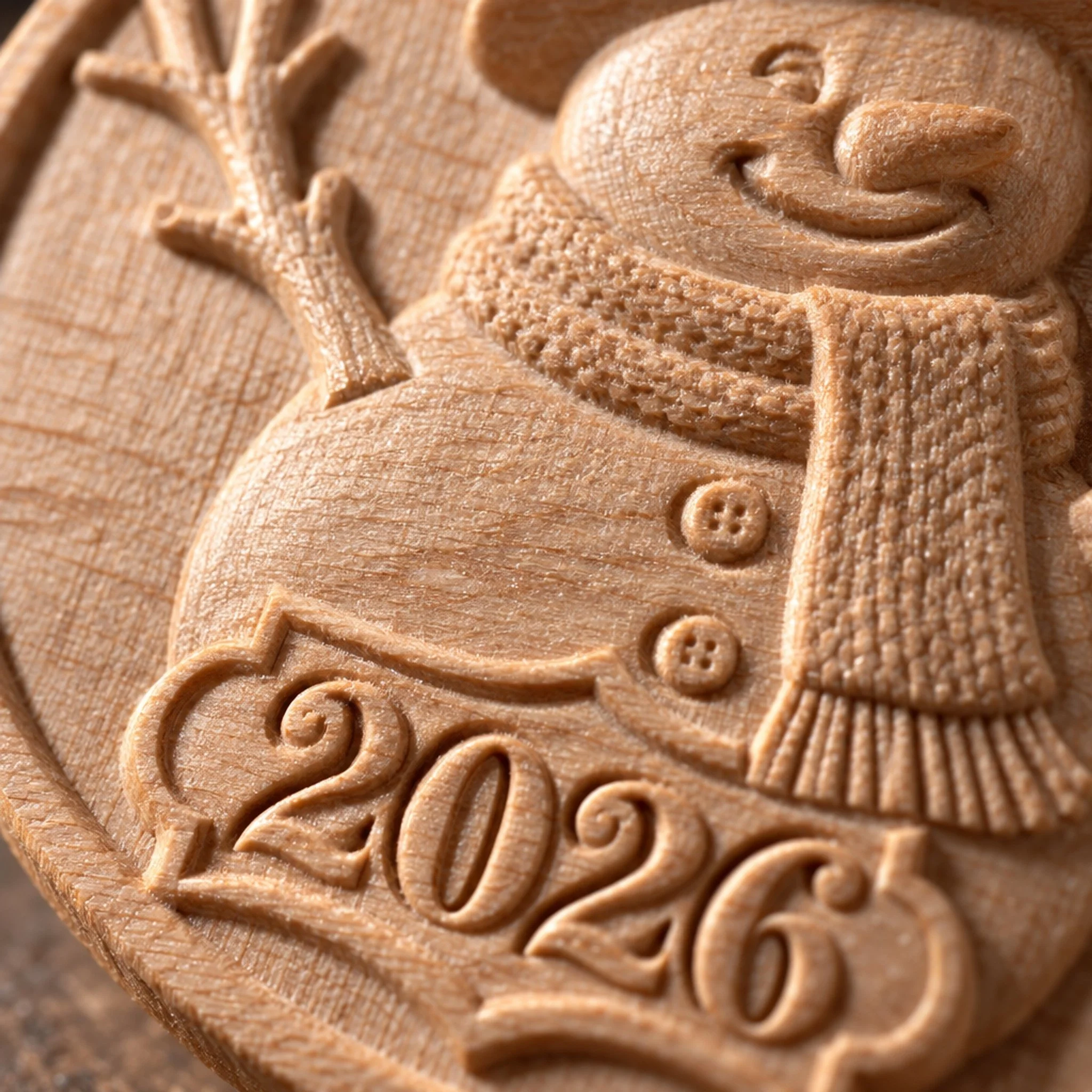 Close-up of the snowman carving, textured scarf, wooden buttons and raised 2026 date