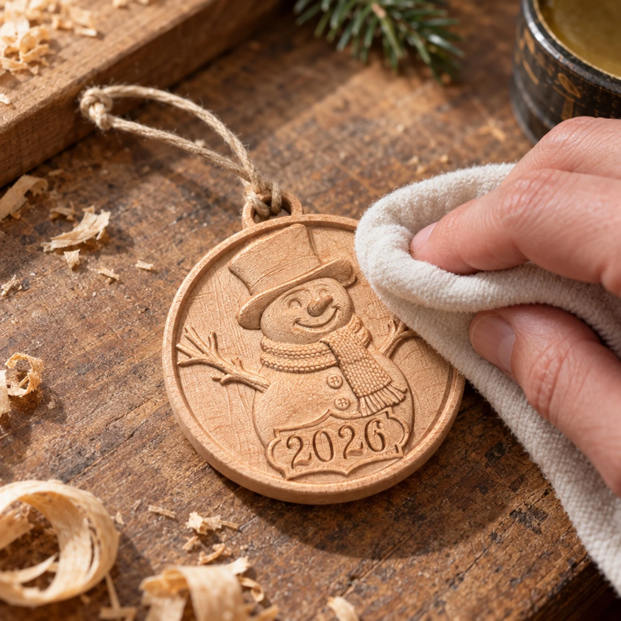A hand polishing the carved snowman ornament on a woodworking bench