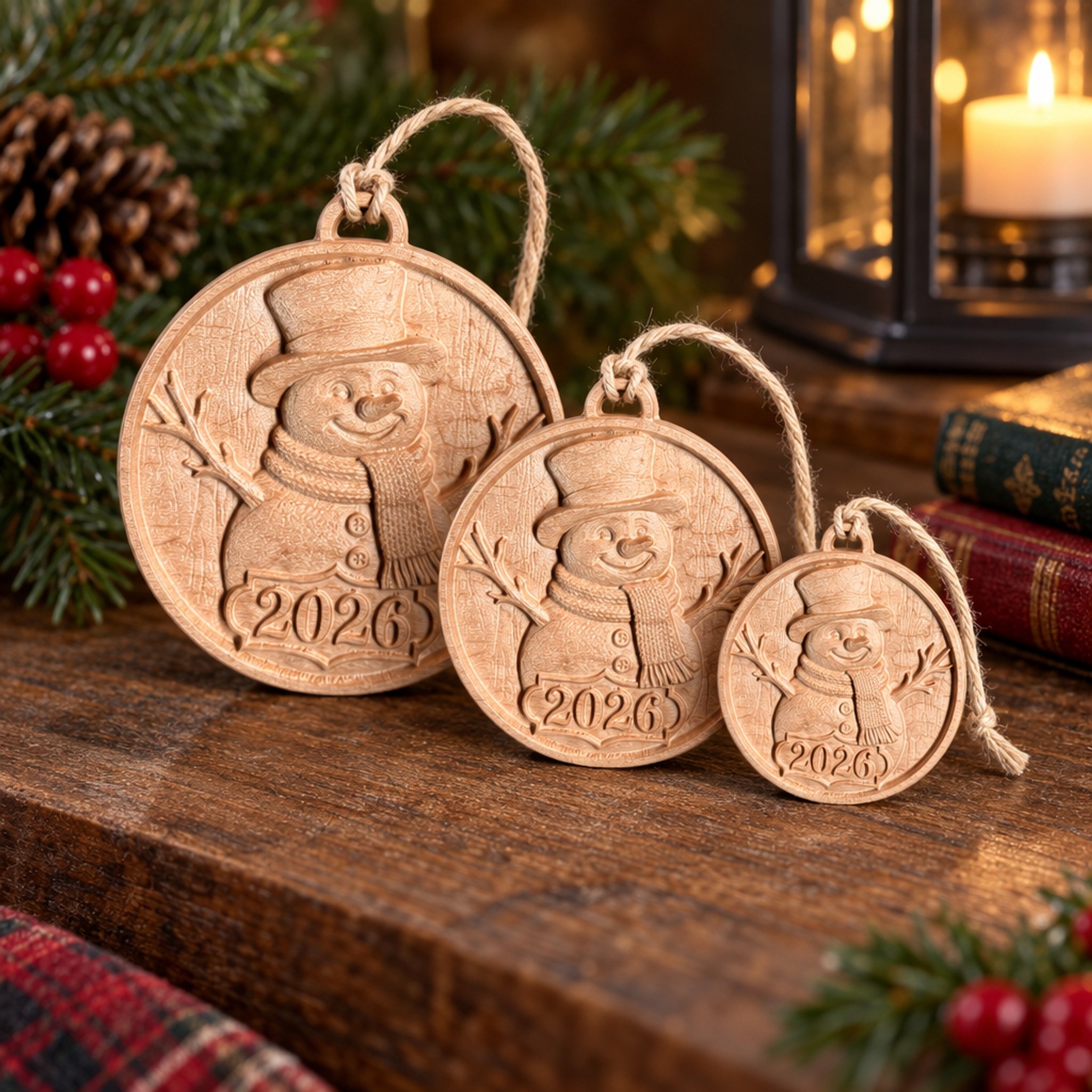 Three carved 2026 snowman ornaments of different sizes arranged beside holiday greenery