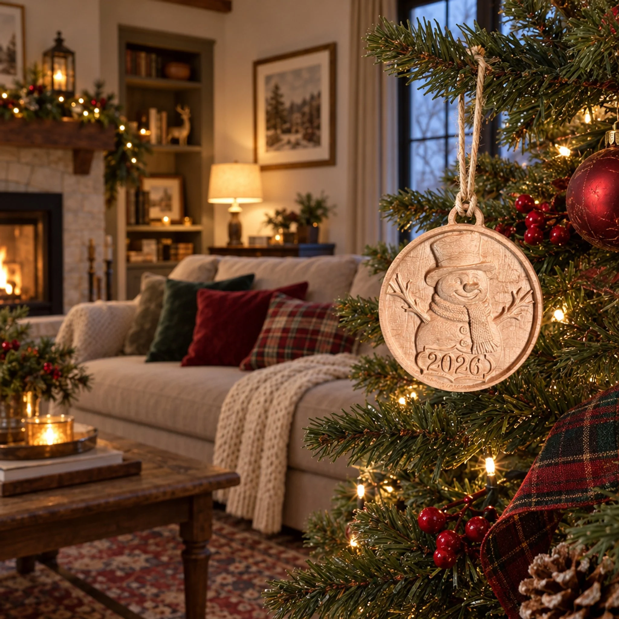 2026 carved maple snowman ornament hanging on a lit Christmas tree in a living room