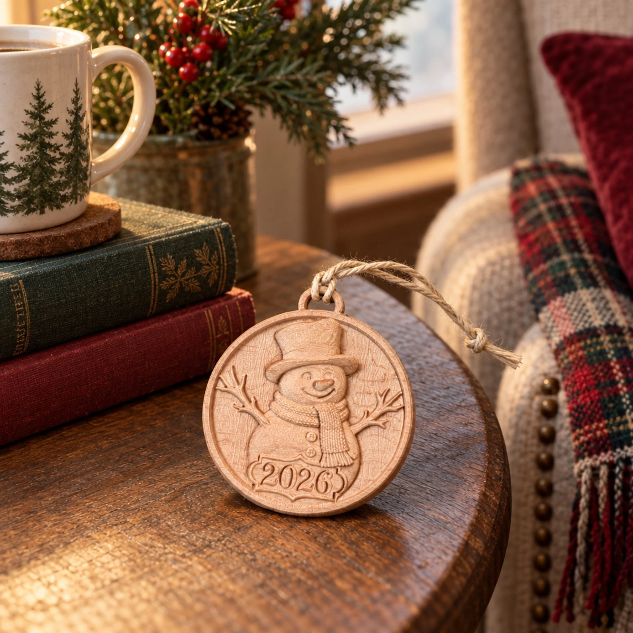 2026 snowman wood ornament on a reading table beside books, a mug and winter greenery