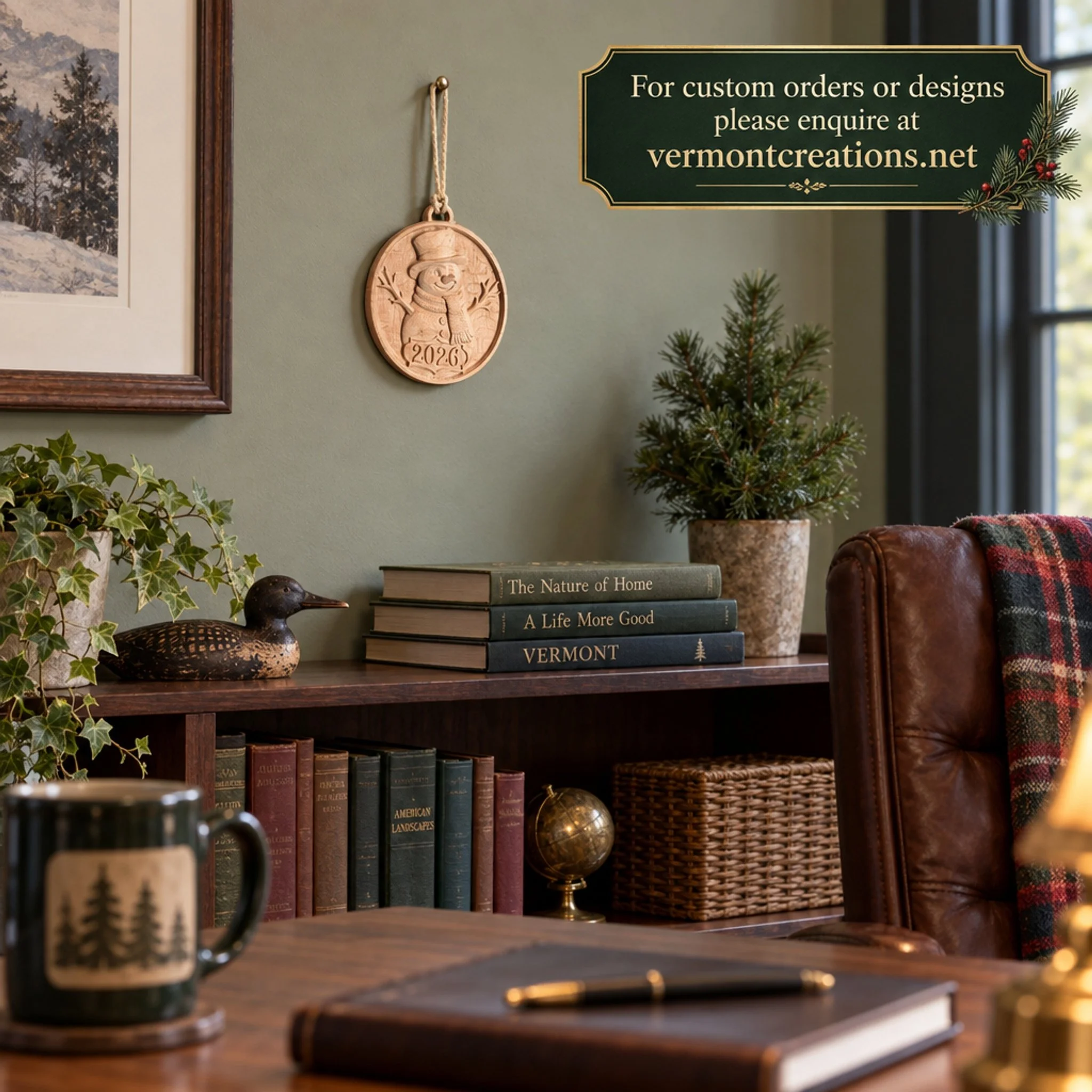 Snowman ornament hanging above an office bookshelf with a custom-order website sign