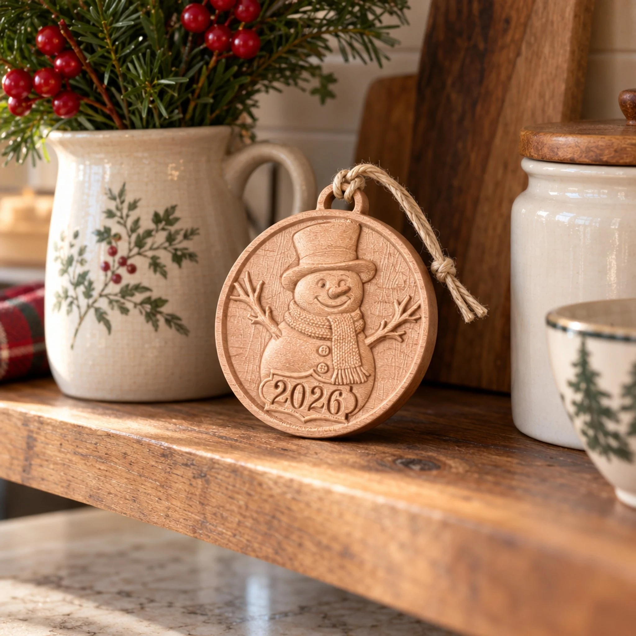 Carved snowman ornament displayed on a kitchen shelf beside ceramic jars and greenery