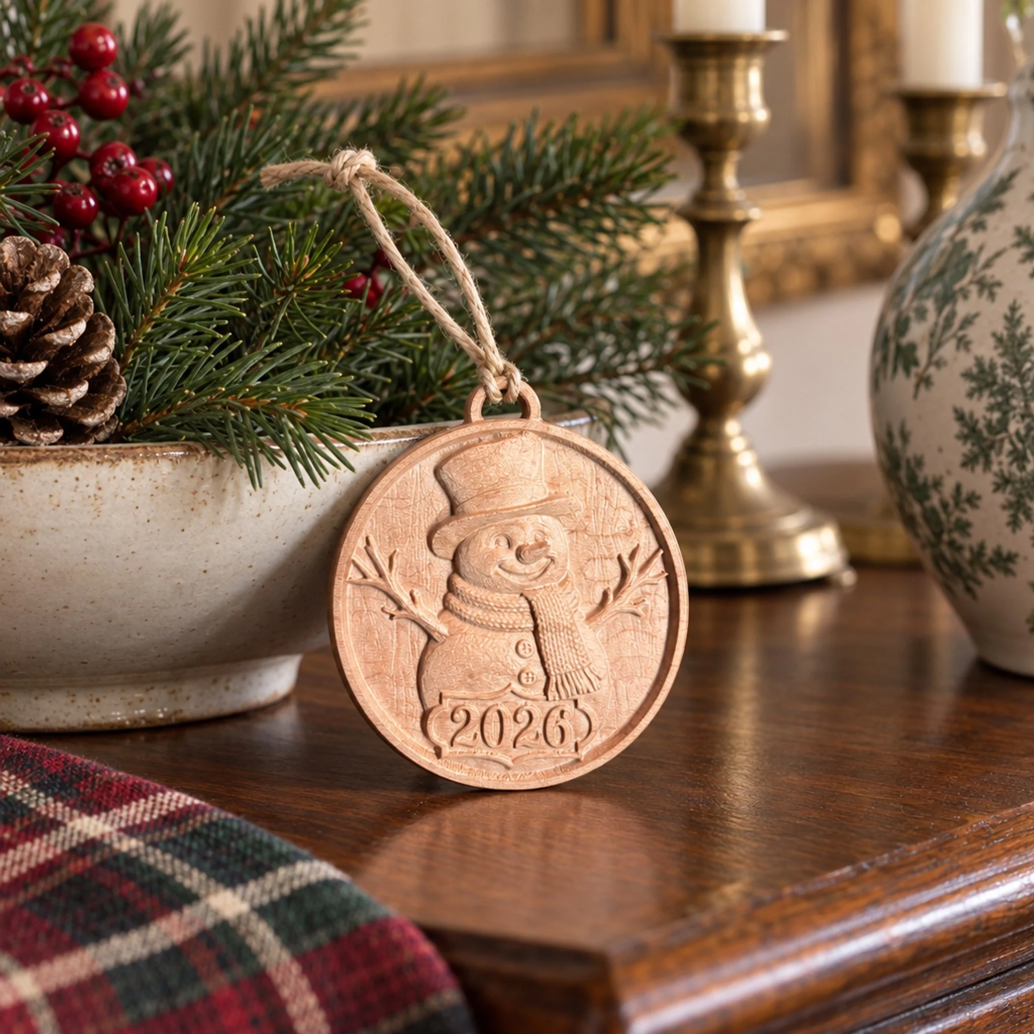 Maple snowman ornament on a dining-room table with evergreen branches and candles